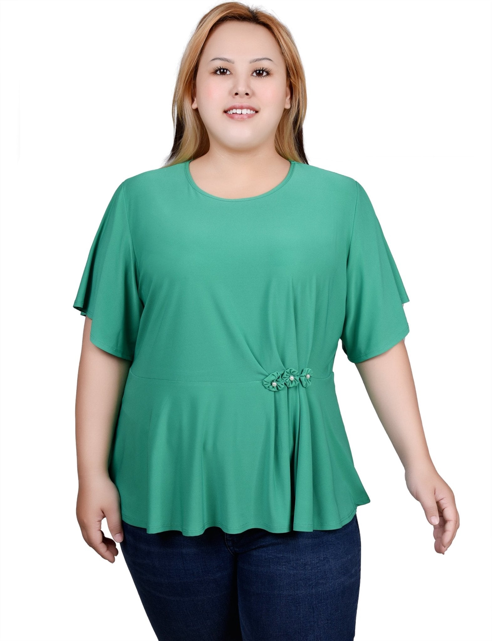 NY Collection Flutter Sleeve Flower-Detail Top - Plus - DressbarnShirts & Blouses