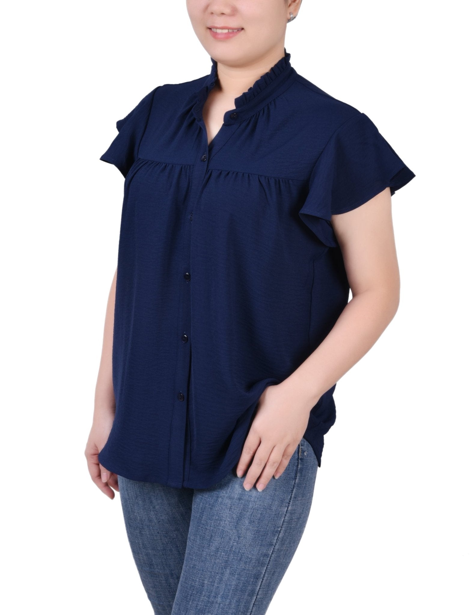 NY Collection Flutter Sleeve Ruffle Neck Blouse - Petite - DressbarnShirts & Blouses