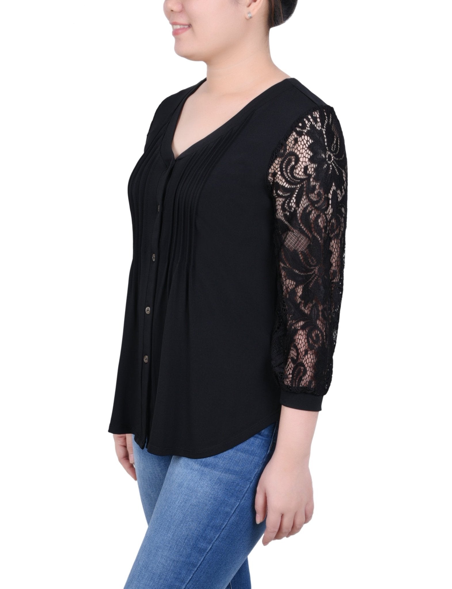 NY Collection Lace-Sleeve V Neck Top - Petite - DressbarnShirts & Blouses