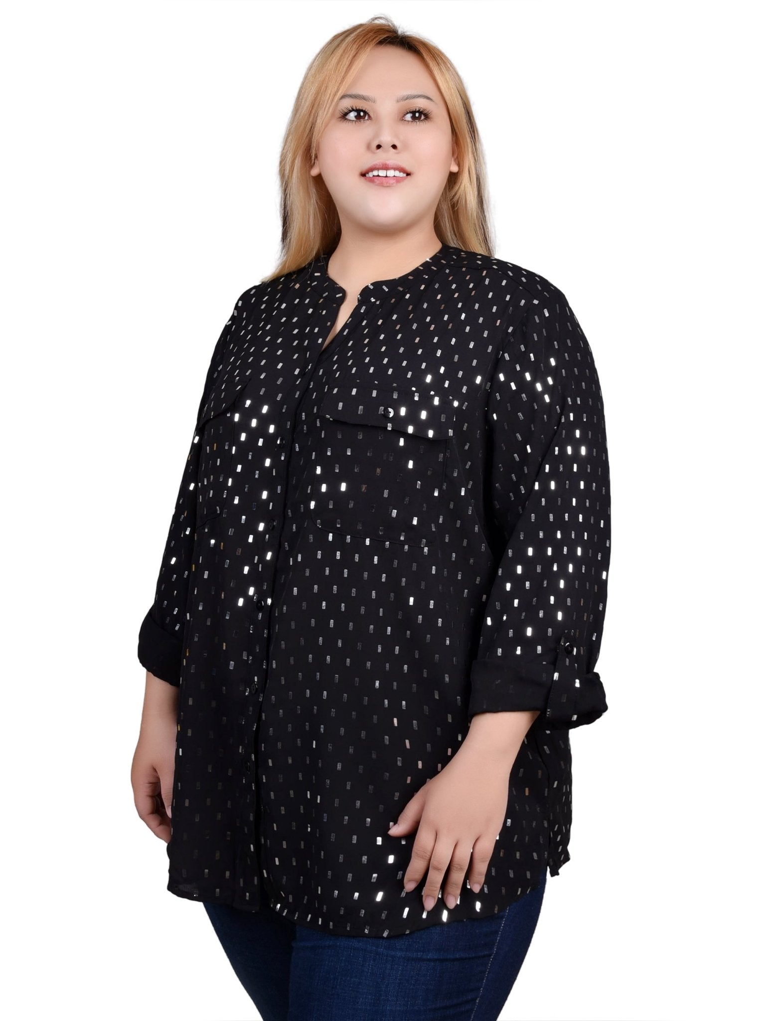 NY Collection Long Roll Tab Sleeve Foil Dot Blouse - Plus - DressbarnShirts & Blouses