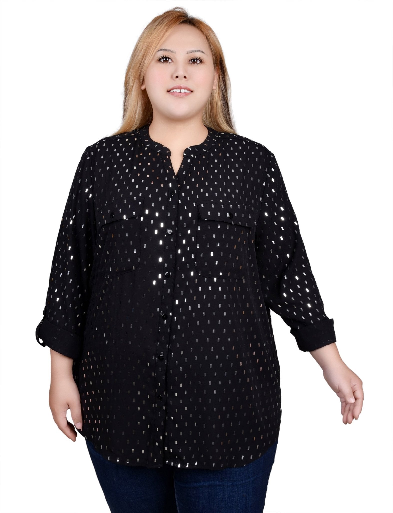 NY Collection Long Roll Tab Sleeve Foil Dot Blouse - Plus - DressbarnShirts & Blouses
