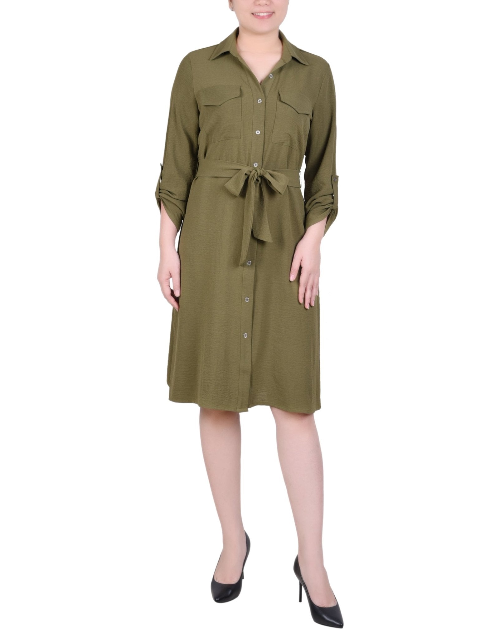 NY Collection Long Roll Tab Sleeve Shirtdress - Petite - DressbarnShirt Dresses