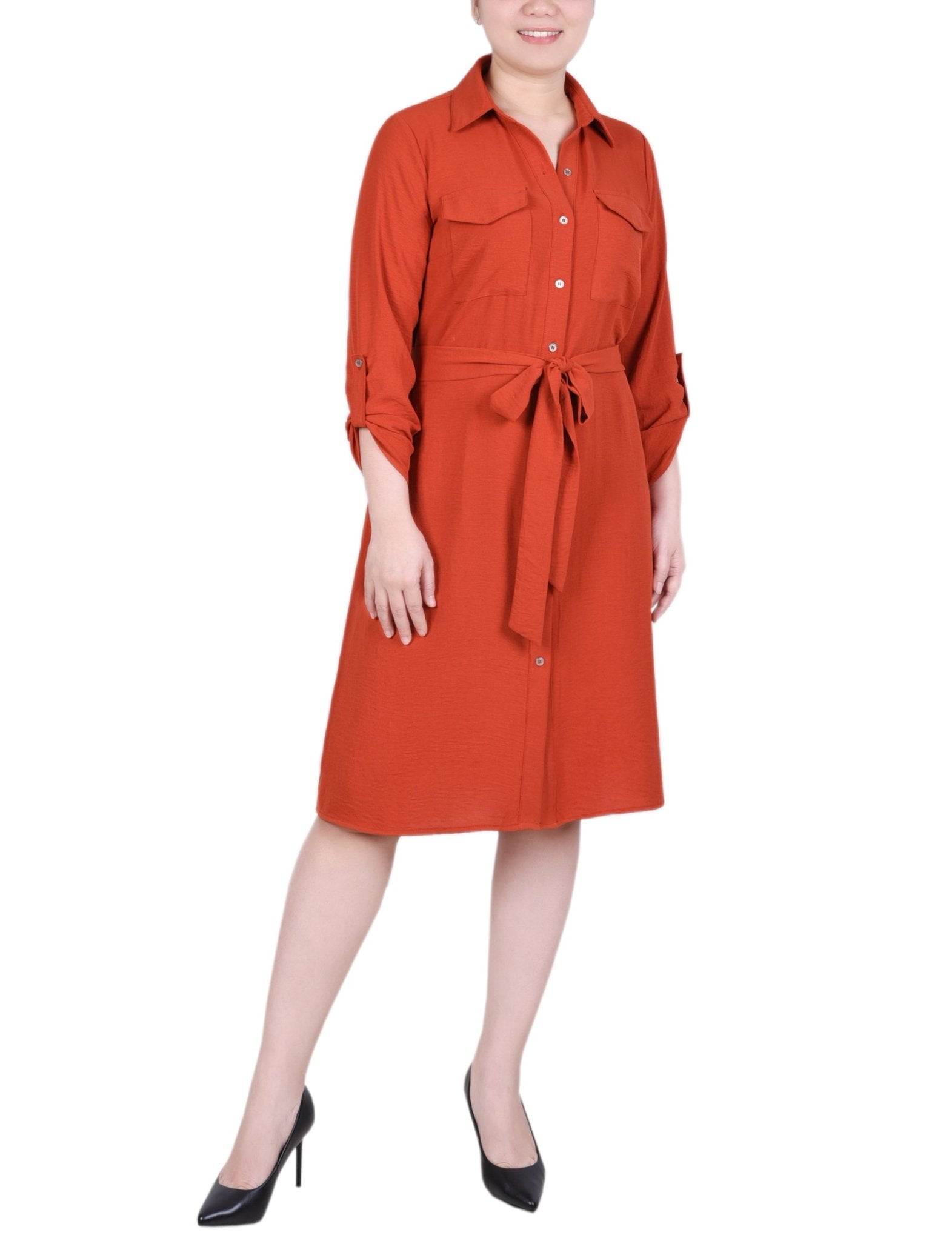 NY Collection Long Roll Tab Sleeve Shirtdress - Petite - DressbarnShirt Dresses