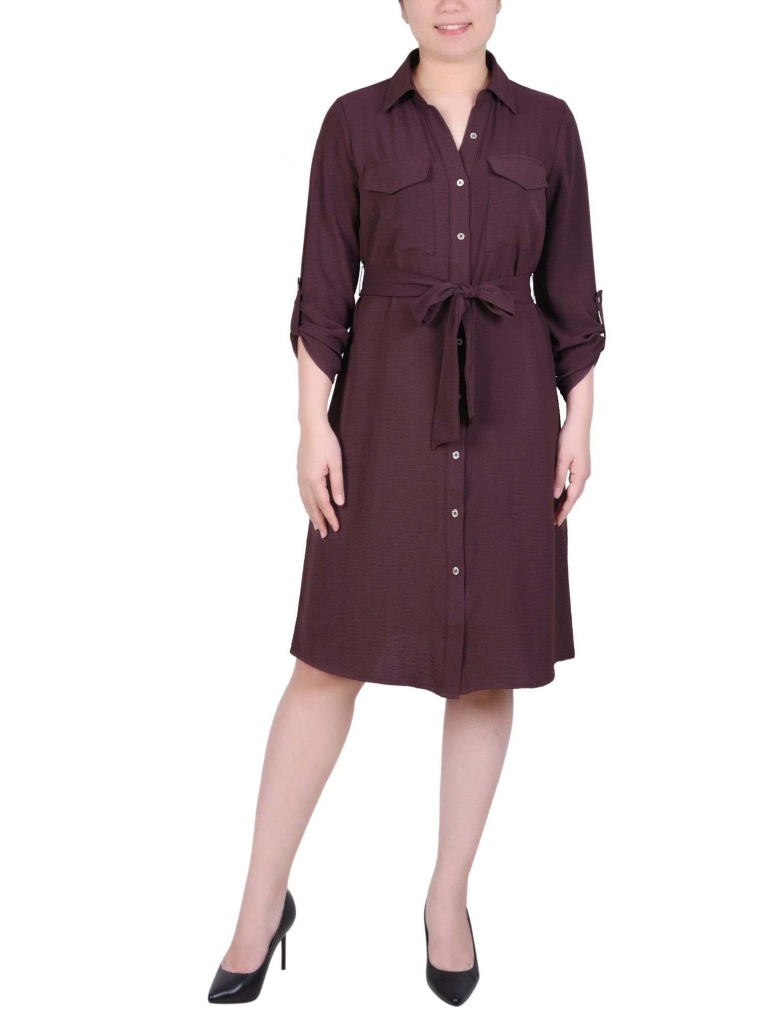 NY Collection Long Roll Tab Sleeve Shirtdress - Petite - DressbarnShirt Dresses