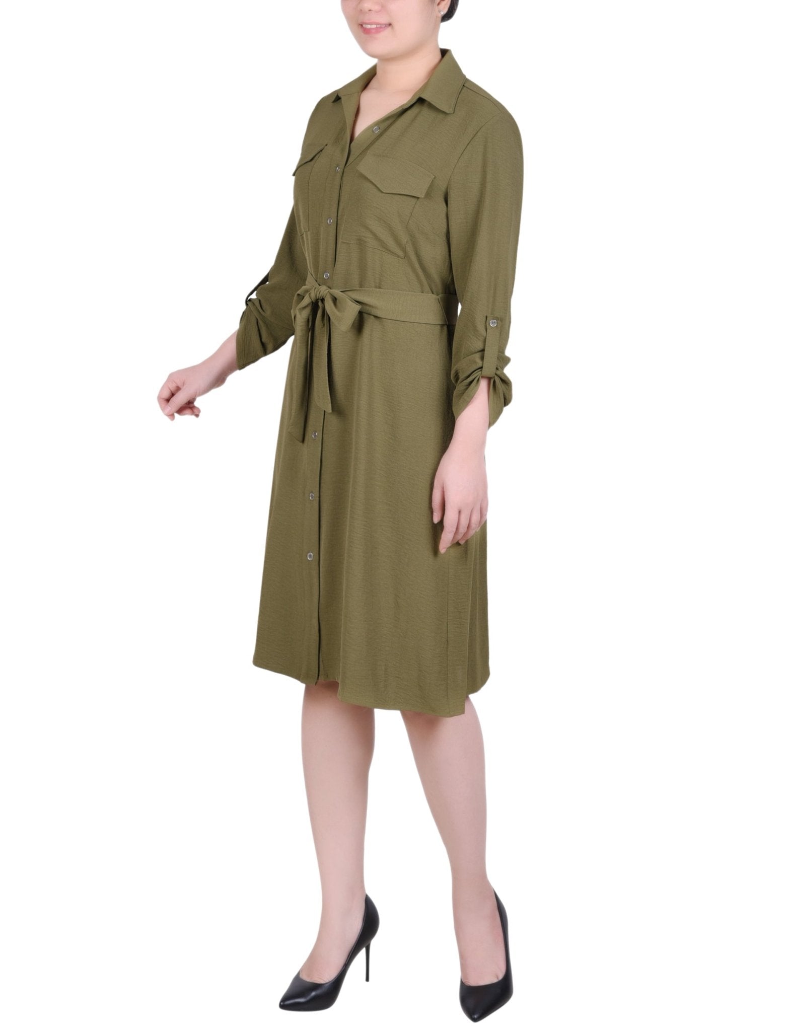 NY Collection Long Roll Tab Sleeve Shirtdress - Petite - DressbarnShirt Dresses