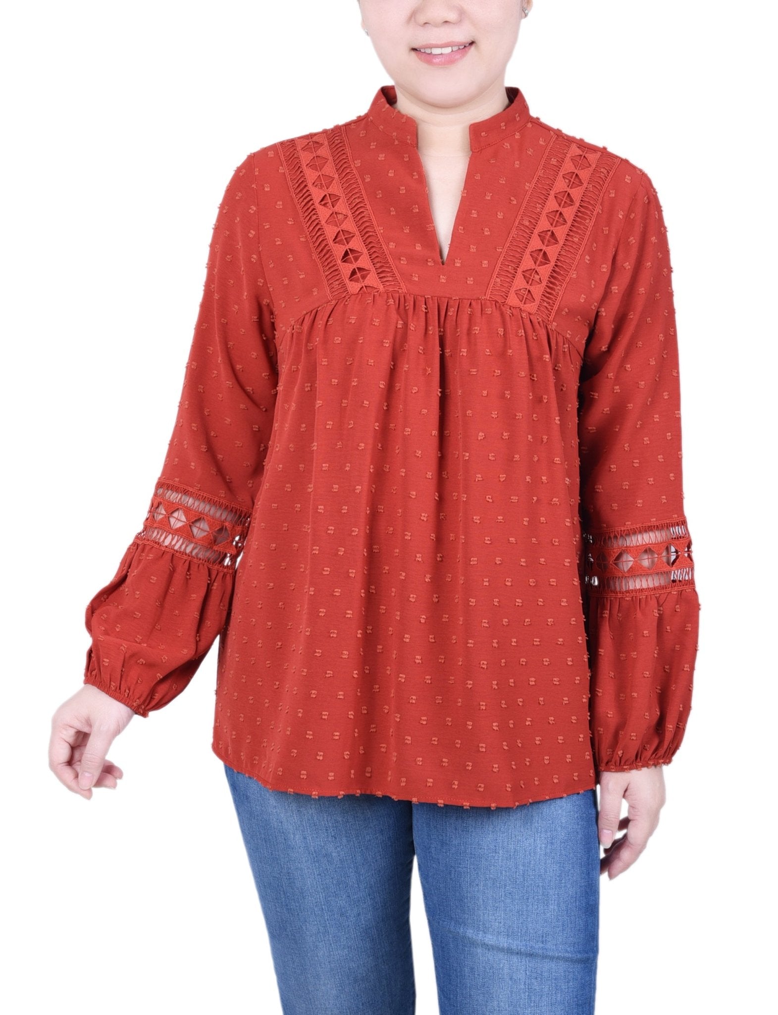 NY Collection Long Sleeve Blouse With Crochet Trim - Petite - DressbarnShirts & Blouses