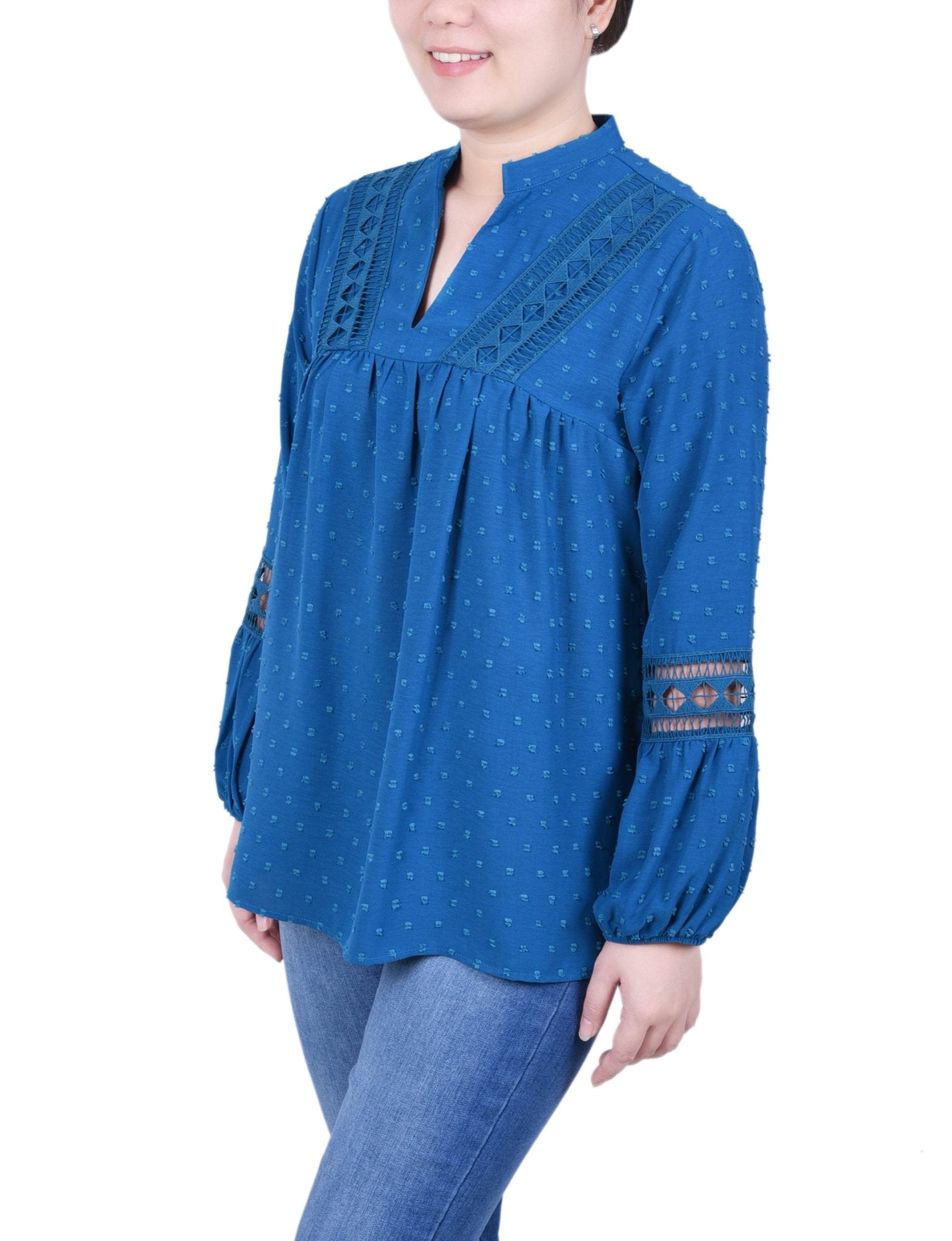 NY Collection Long Sleeve Blouse With Crochet Trim - Petite - DressbarnShirts & Blouses
