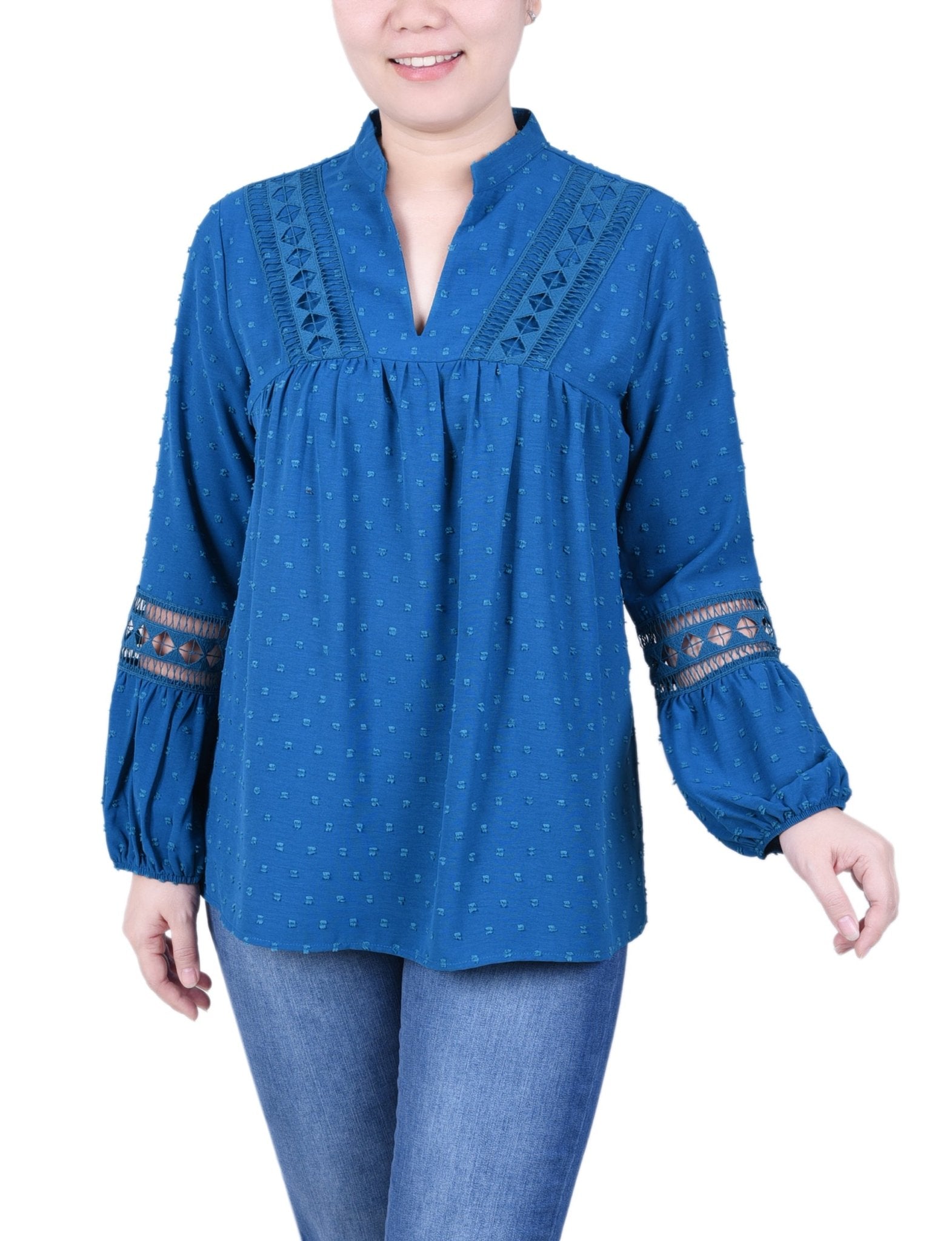NY Collection Long Sleeve Blouse With Crochet Trim - Petite - DressbarnShirts & Blouses