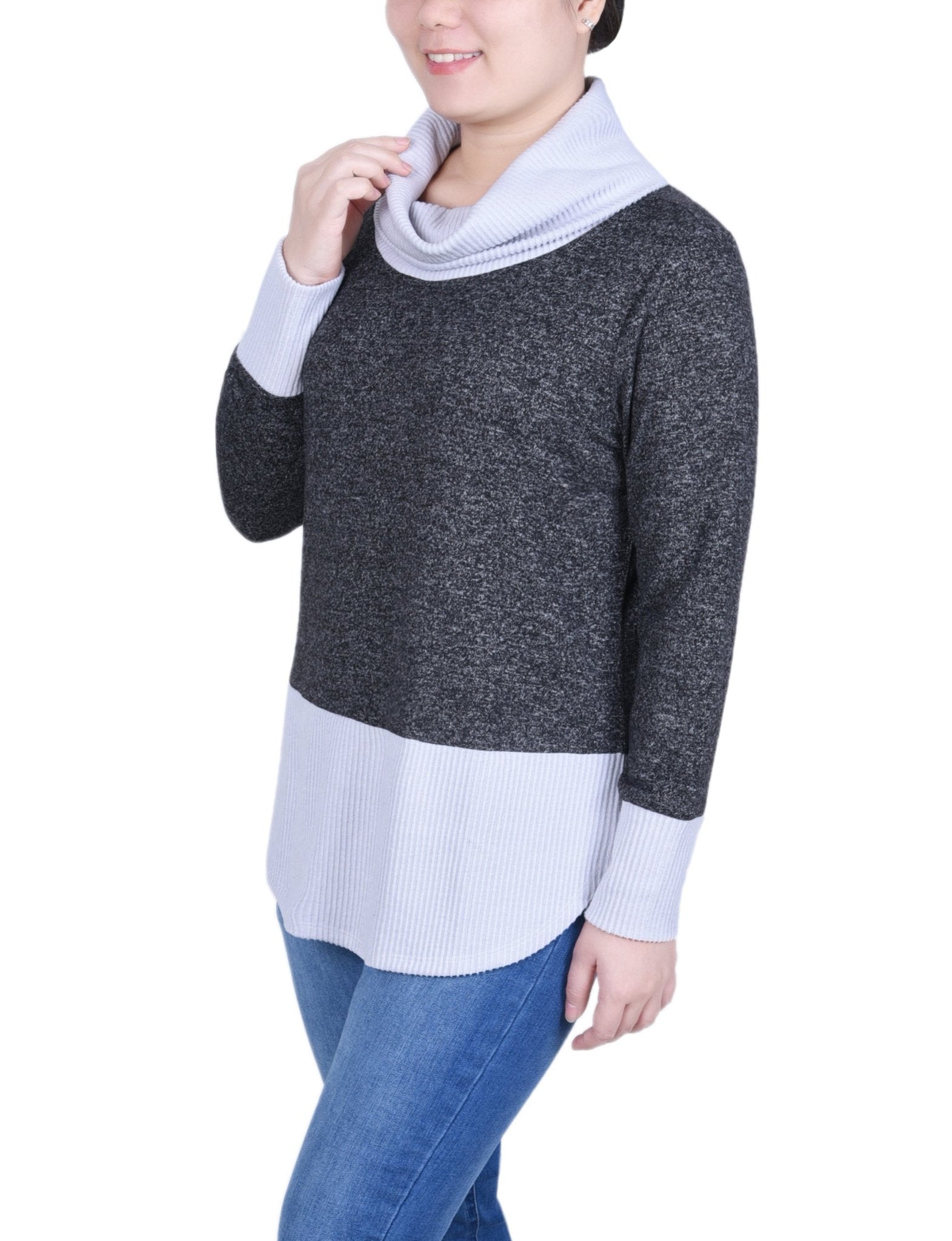 NY Collection Long Sleeve Cowl Neck Colorblocked Top - Petite - DressbarnShirts & Blouses