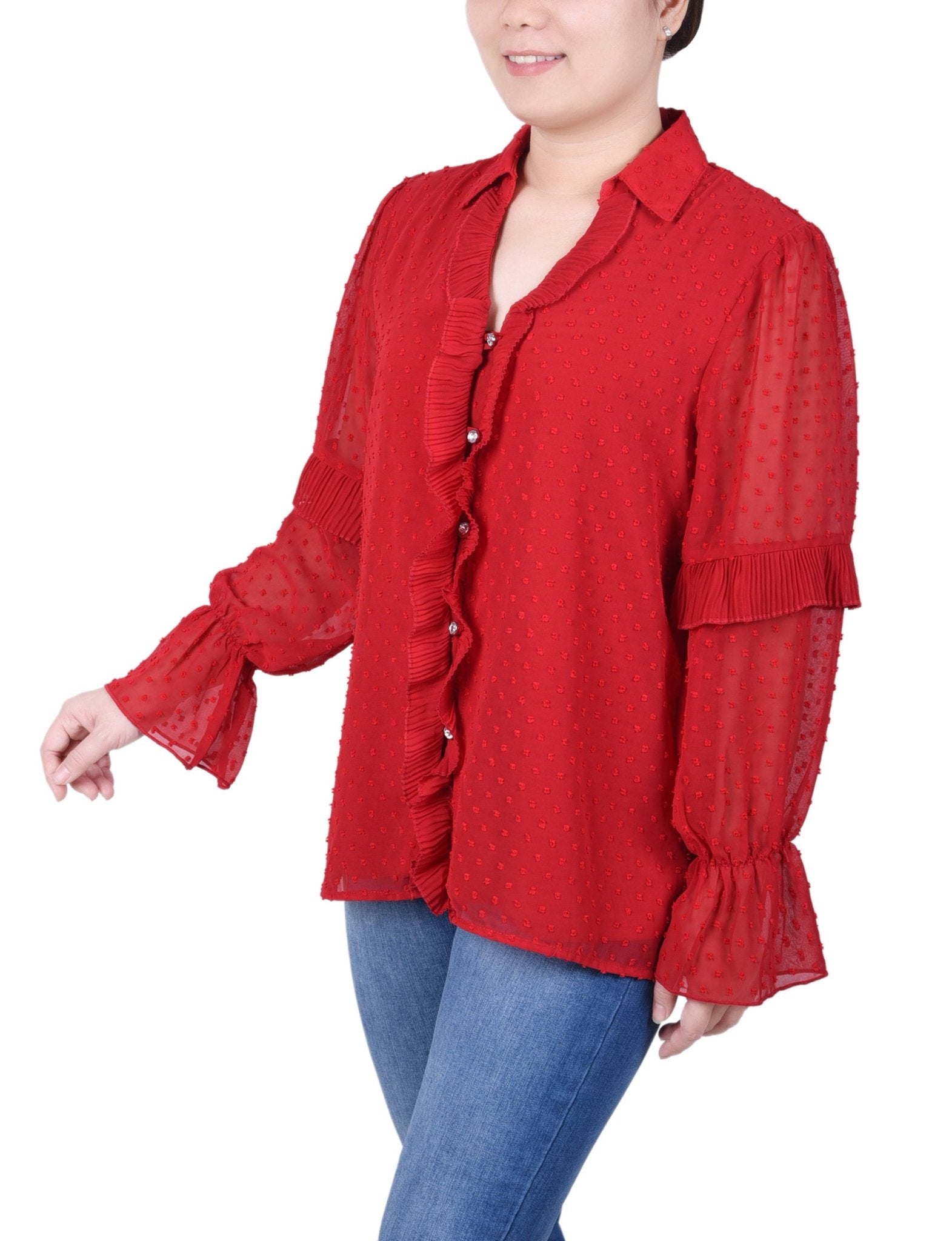 NY Collection Long Sleeve Dotted Chiffon Blouse - Petite - DressbarnShirts & Blouses