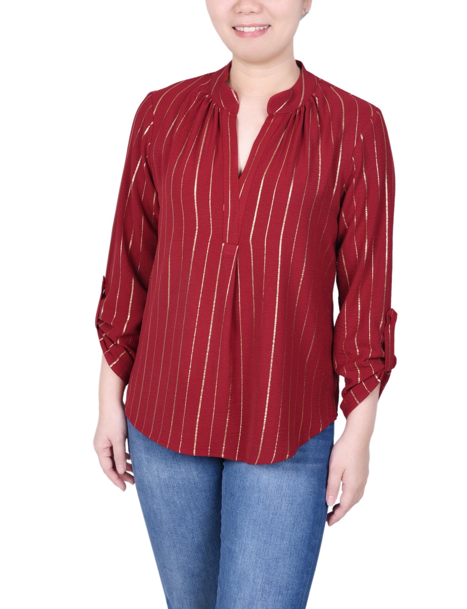 NY Collection Long Sleeve Foil Striped Blouse - Petite - DressbarnShirts & Blouses