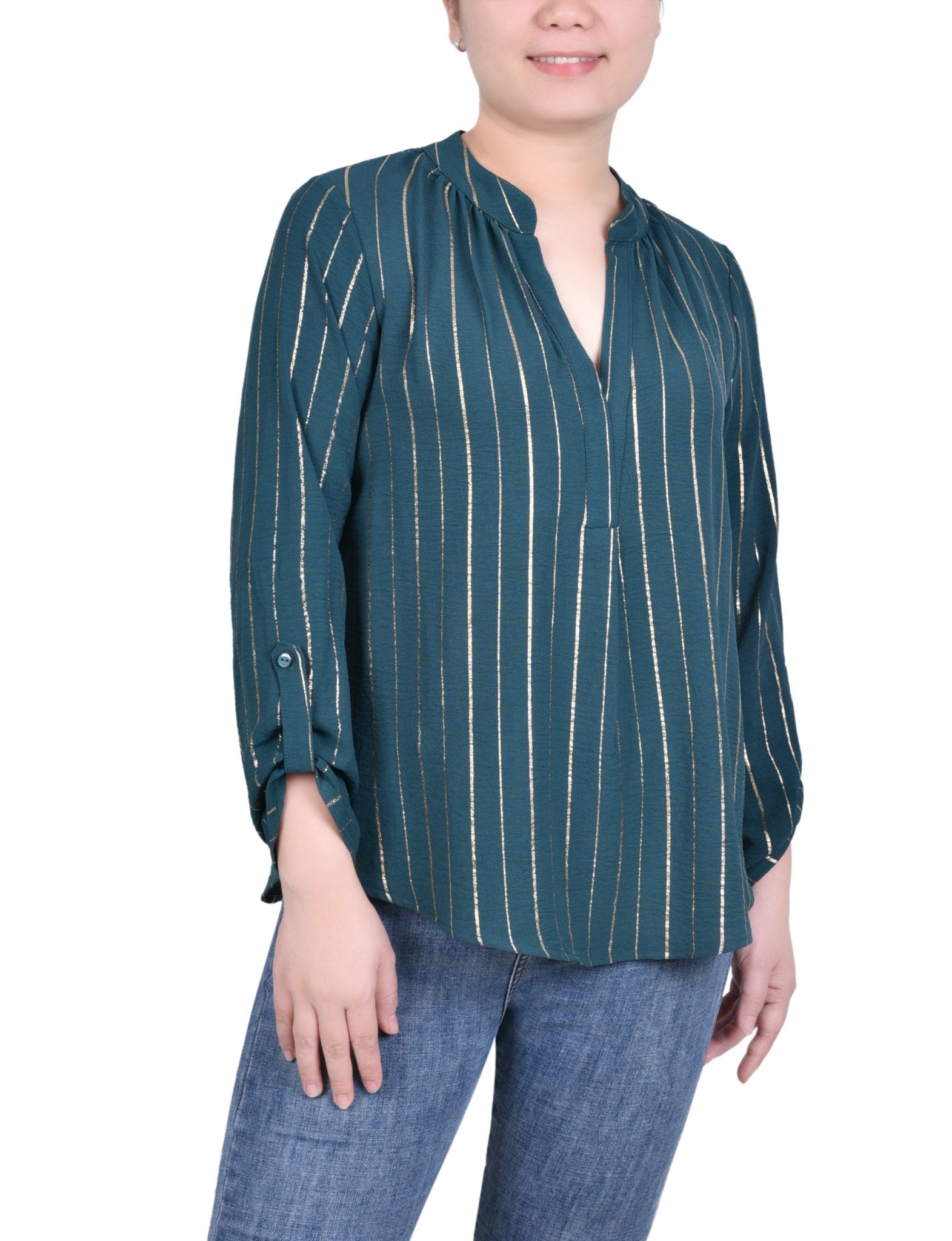 NY Collection Long Sleeve Foil Striped Blouse - Petite - DressbarnShirts & Blouses