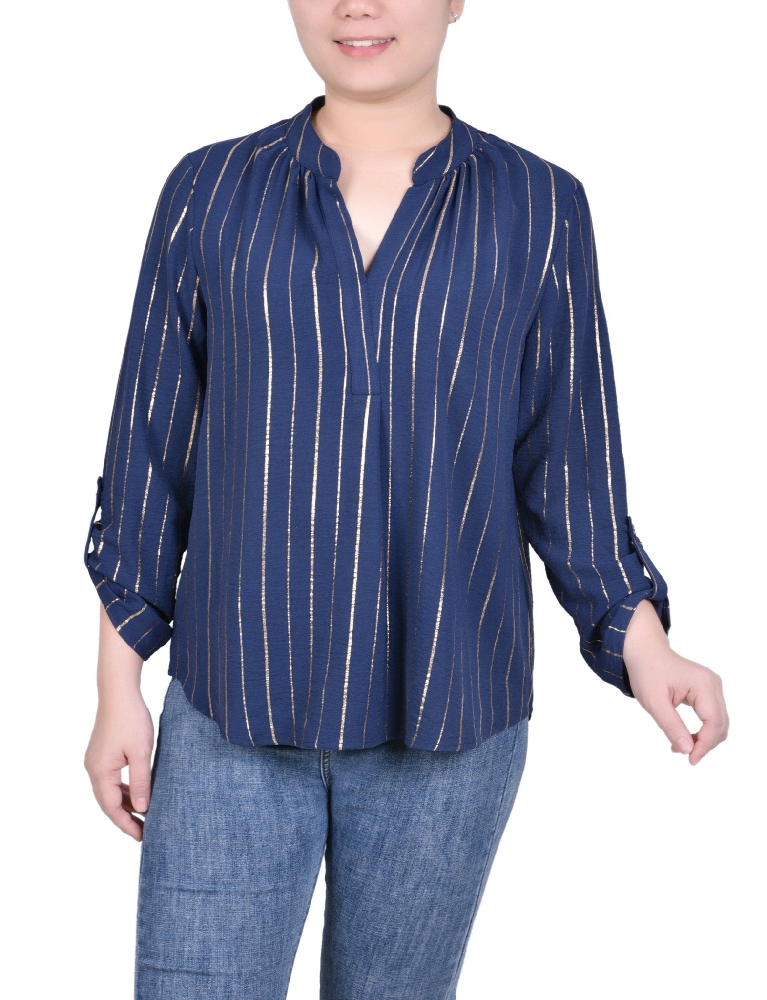 NY Collection Long Sleeve Foil Striped Blouse - Petite - DressbarnShirts & Blouses