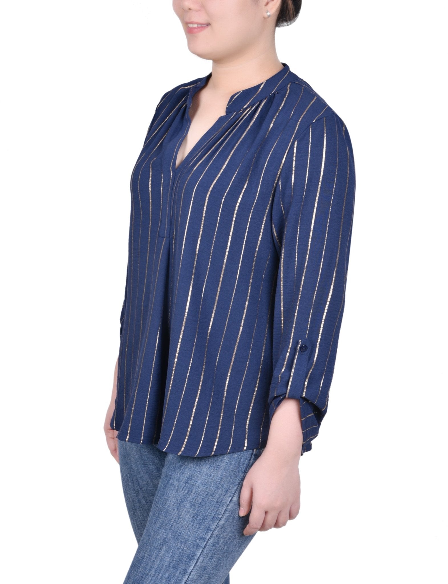 NY Collection Long Sleeve Foil Striped Blouse - Petite - DressbarnShirts & Blouses