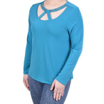 NY Collection Long Sleeve Jeweled Neck Top - Petite - DressbarnShirts & Blouses