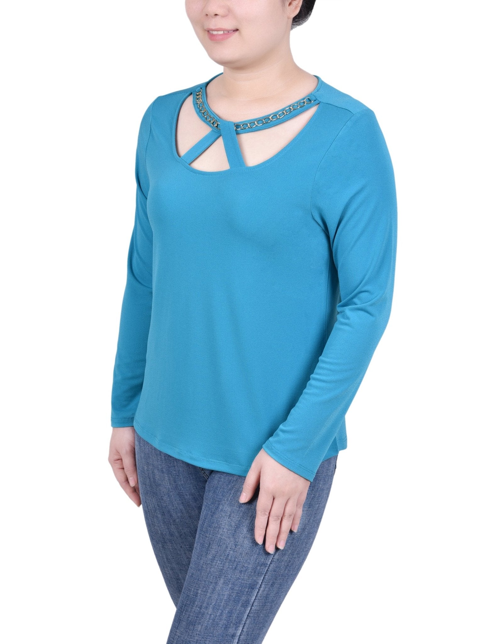 NY Collection Long Sleeve Jeweled Neck Top - Petite - DressbarnShirts & Blouses