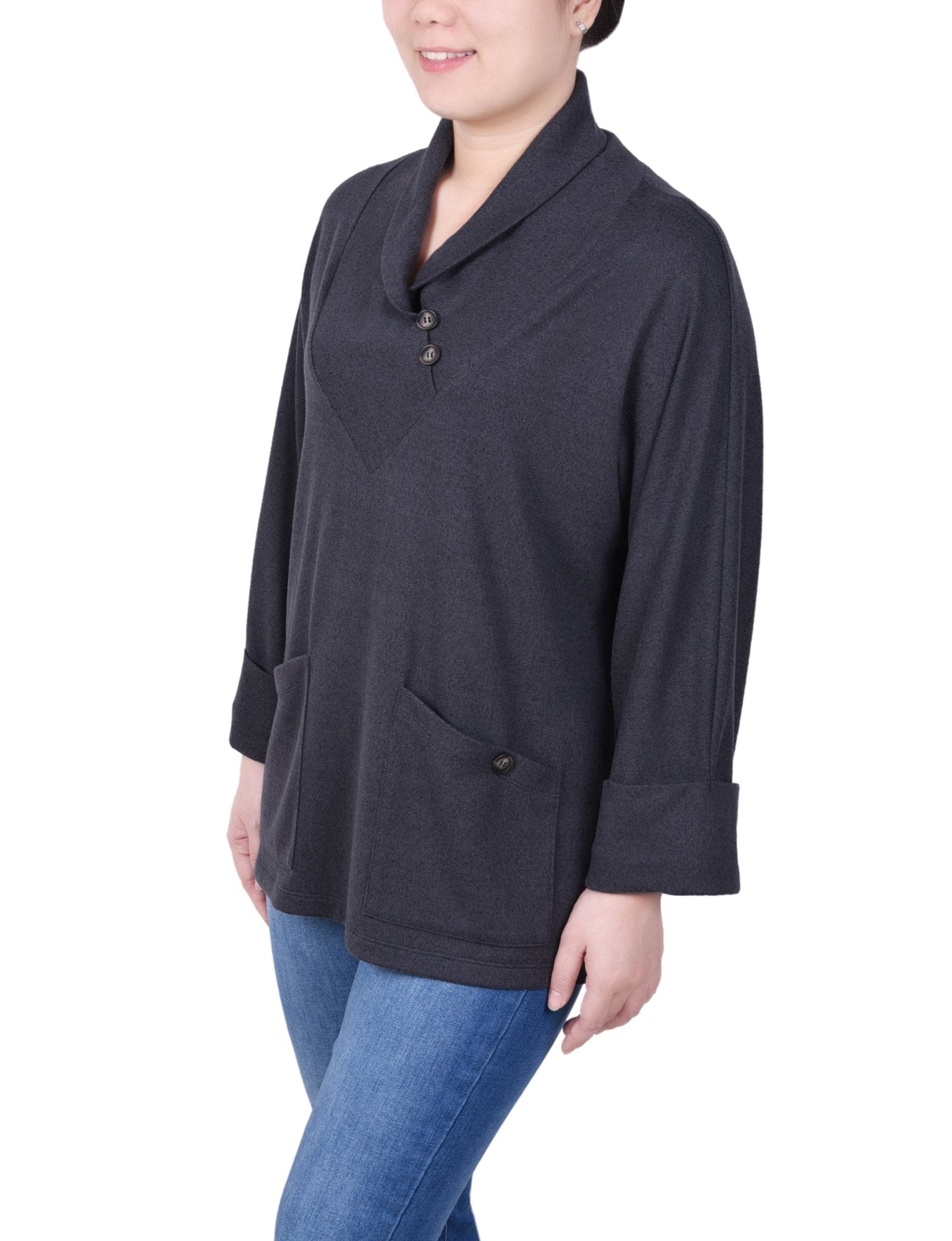 NY Collection Long Sleeve Shawl Collar Top With Pockets - Petite - DressbarnShirts & Blouses