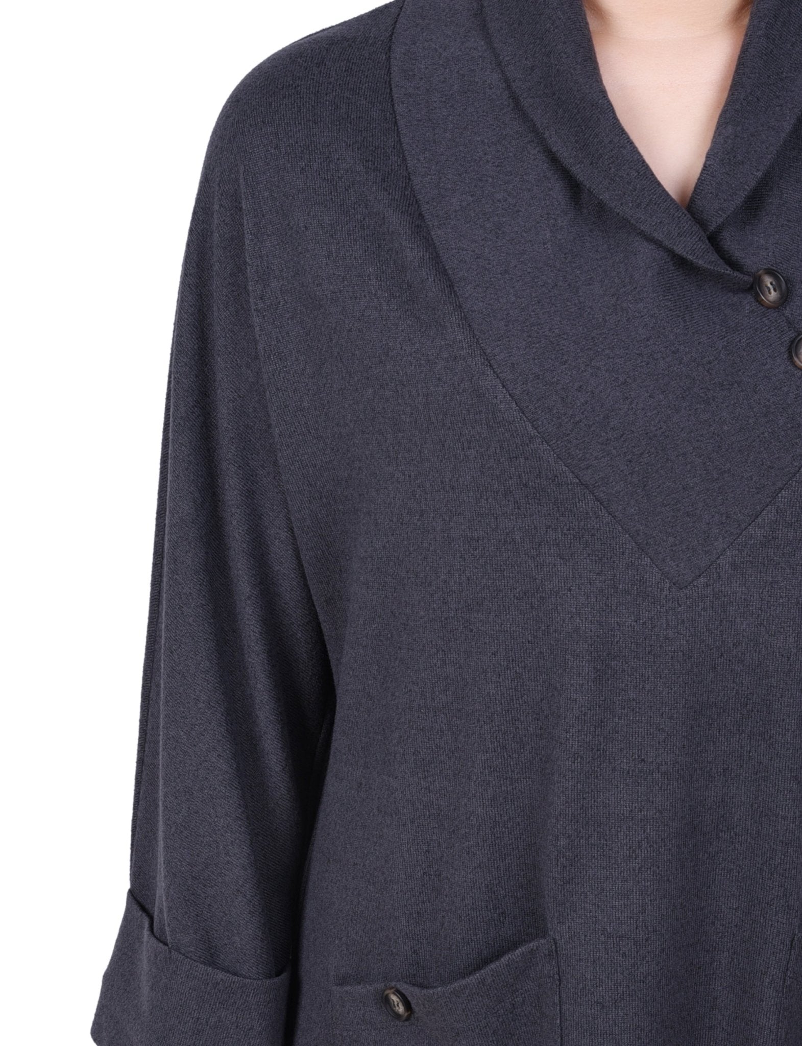 NY Collection Long Sleeve Shawl Collar Top With Pockets - Petite - DressbarnShirts & Blouses