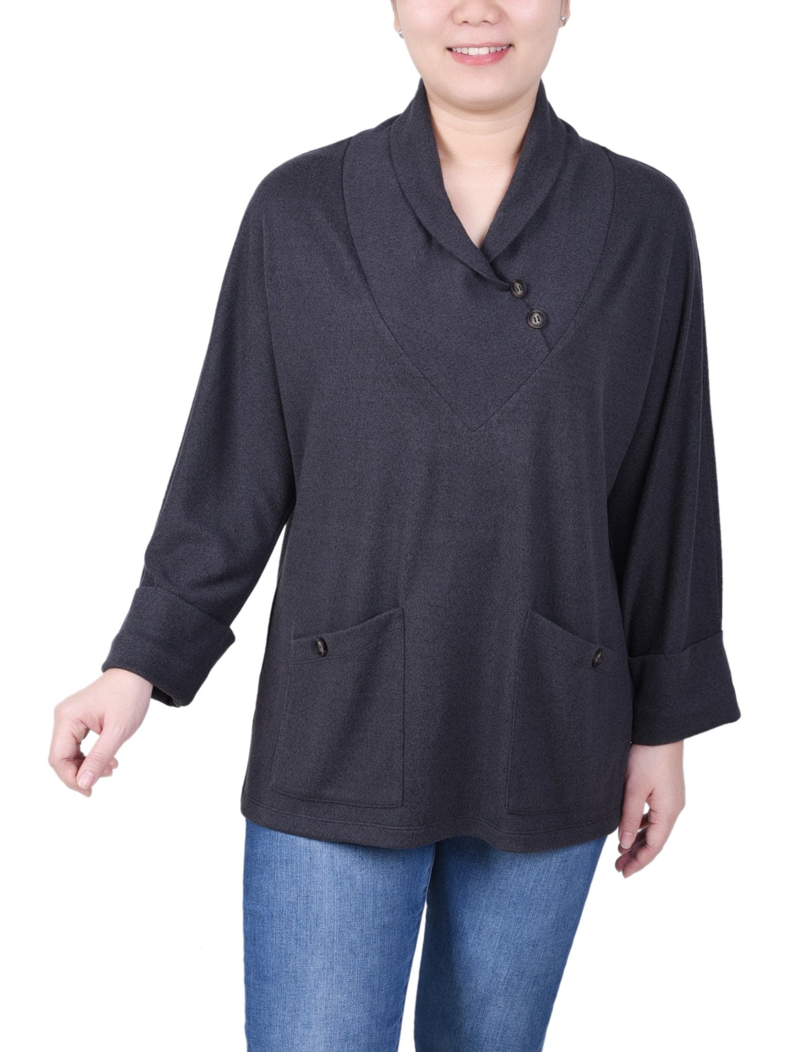 NY Collection Long Sleeve Shawl Collar Top With Pockets - Petite - DressbarnShirts & Blouses