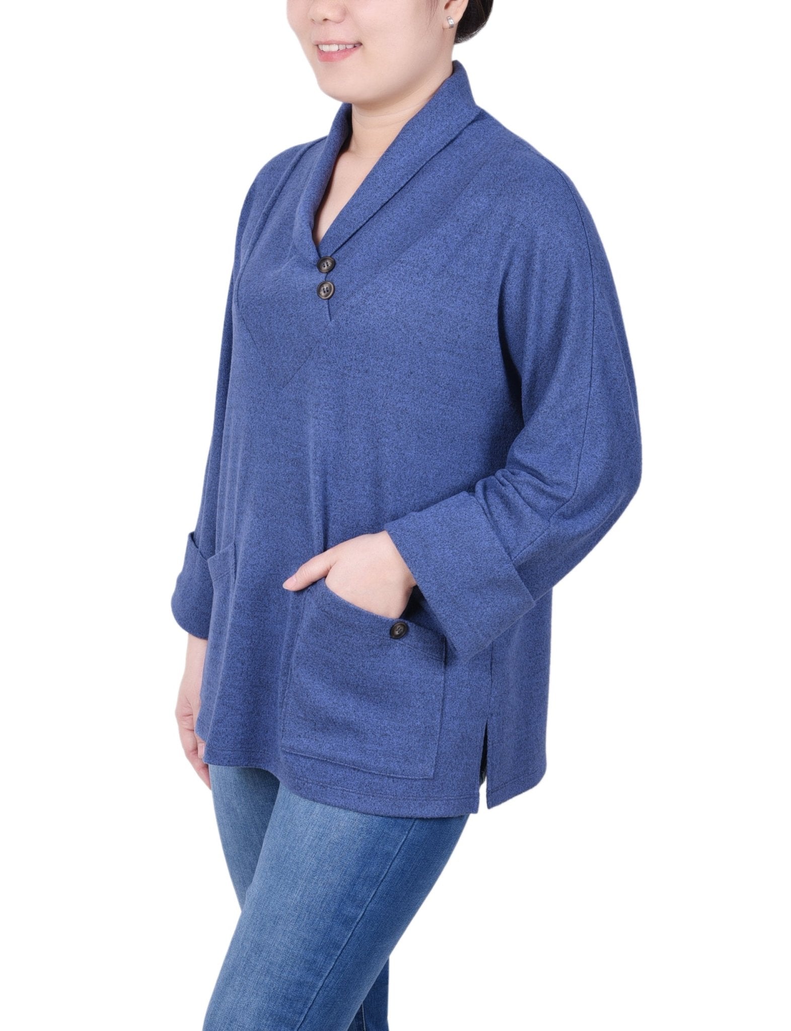 NY Collection Long Sleeve Shawl Collar Top With Pockets - Petite - DressbarnShirts & Blouses