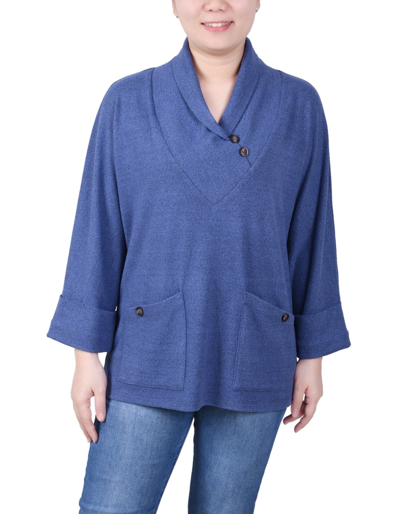 NY Collection Long Sleeve Shawl Collar Top With Pockets - Petite - DressbarnShirts & Blouses