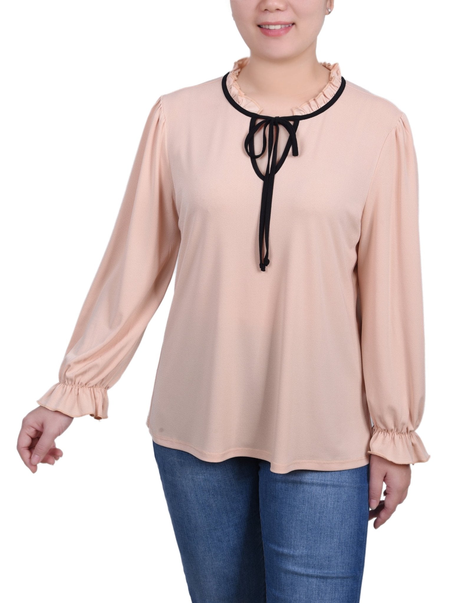 NY Collection Long Sleeve Tie Neck Top - Petite - DressbarnShirts & Blouses