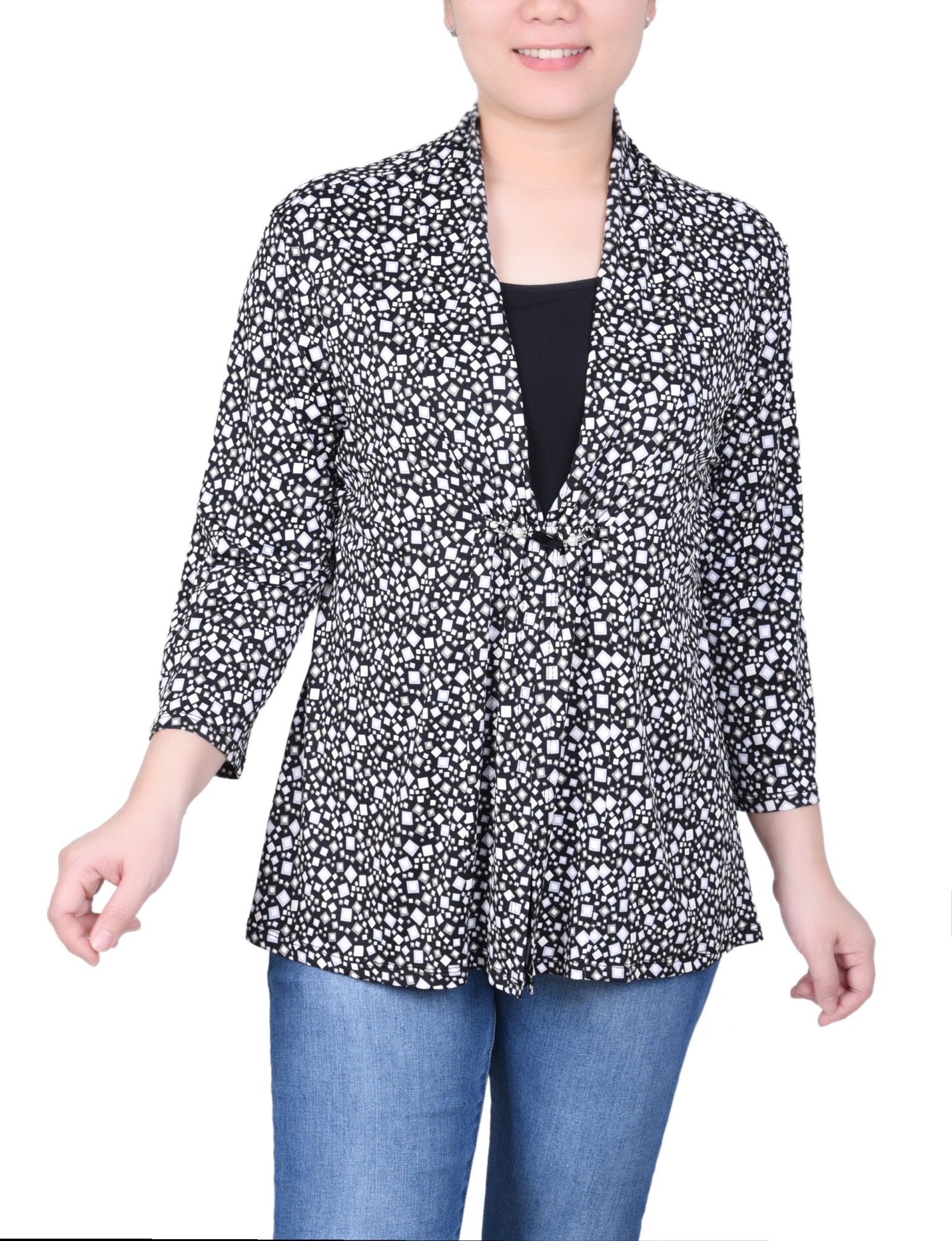 NY Collection Puff Print 3/4 Sleeve Two-Fer Top - Petite - DressbarnShirts & Blouses