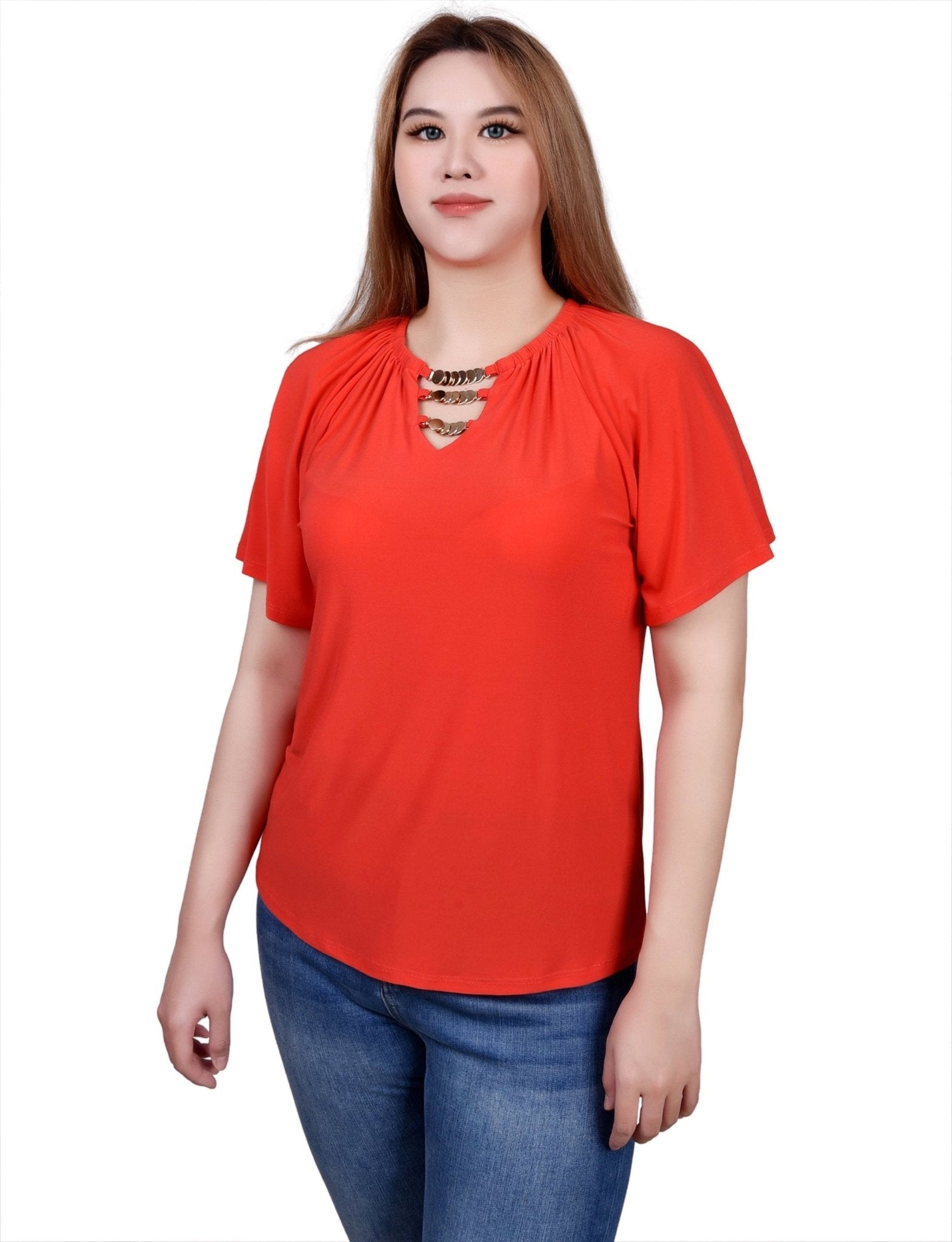 NY Collection Raglan Sleeve Top With Chain Details - DressbarnShirts & Blouses