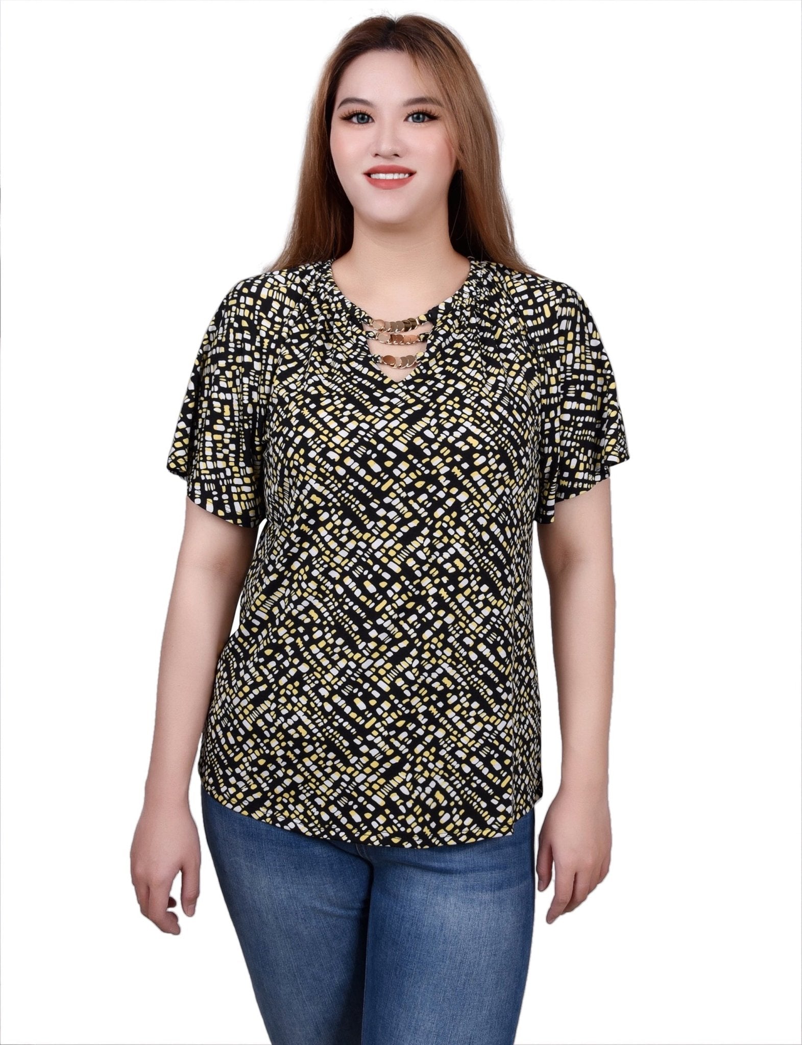 NY Collection Raglan Sleeve Top With Chain Details - DressbarnShirts & Blouses