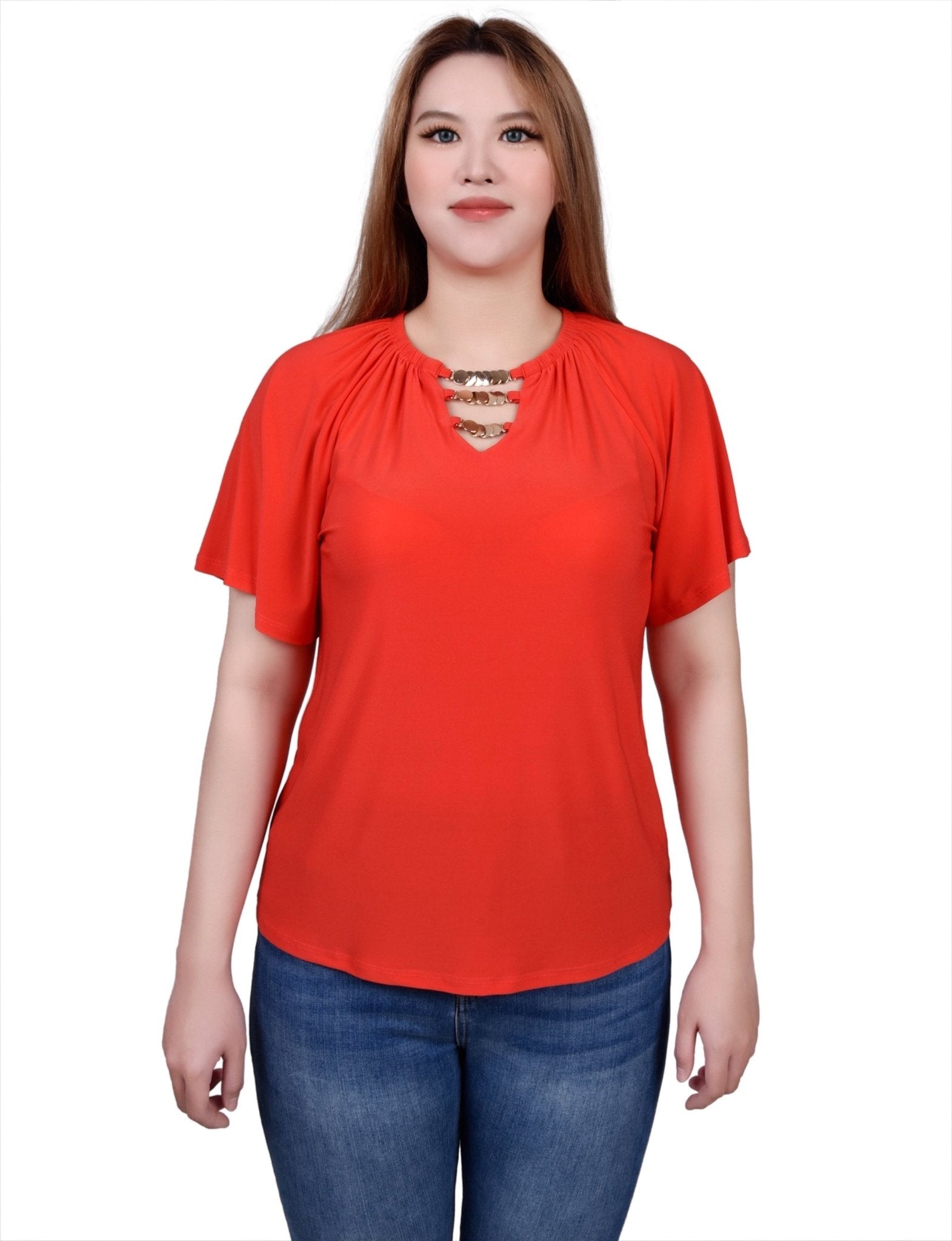 NY Collection Raglan Sleeve Top With Chain Details - DressbarnShirts & Blouses