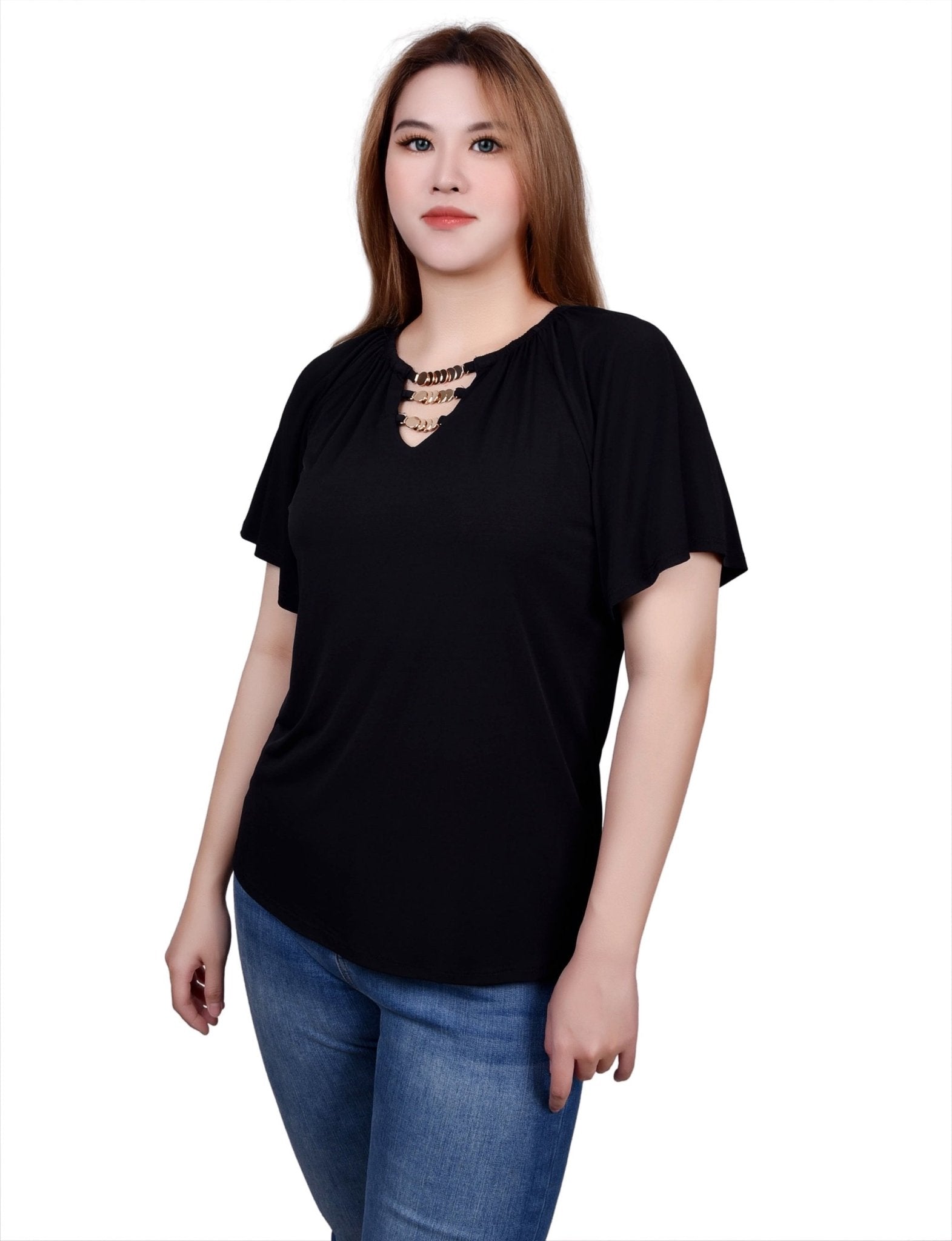 NY Collection Raglan Sleeve Top With Chain Details - Petite - DressbarnShirts & Blouses