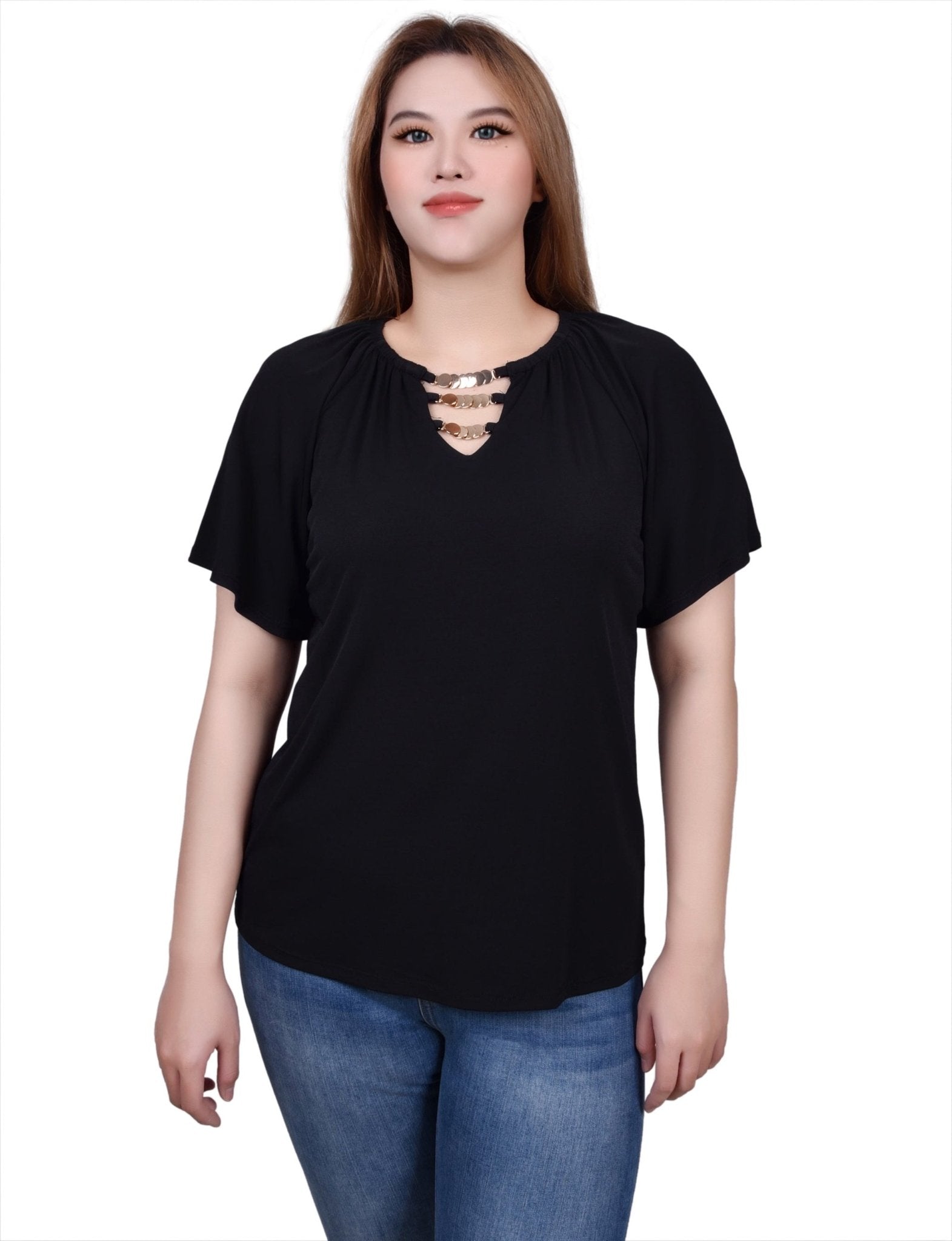 NY Collection Raglan Sleeve Top With Chain Details - Petite - DressbarnShirts & Blouses