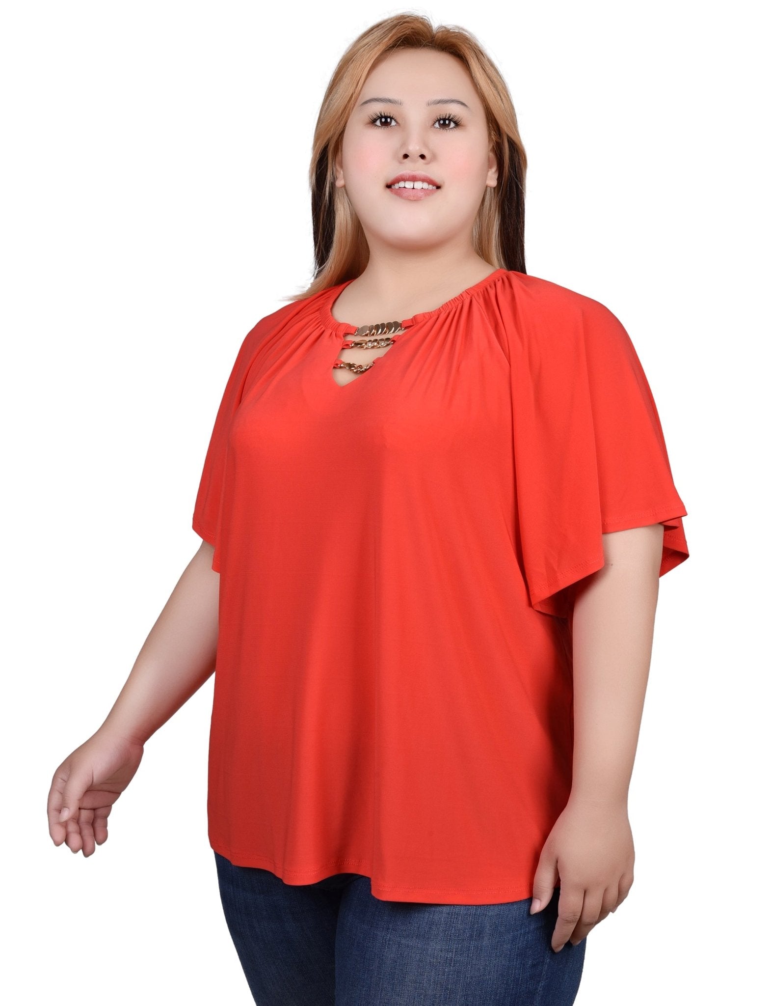 NY Collection Raglan Sleeve Top With Chain Details - Plus - DressbarnShirts & Blouses