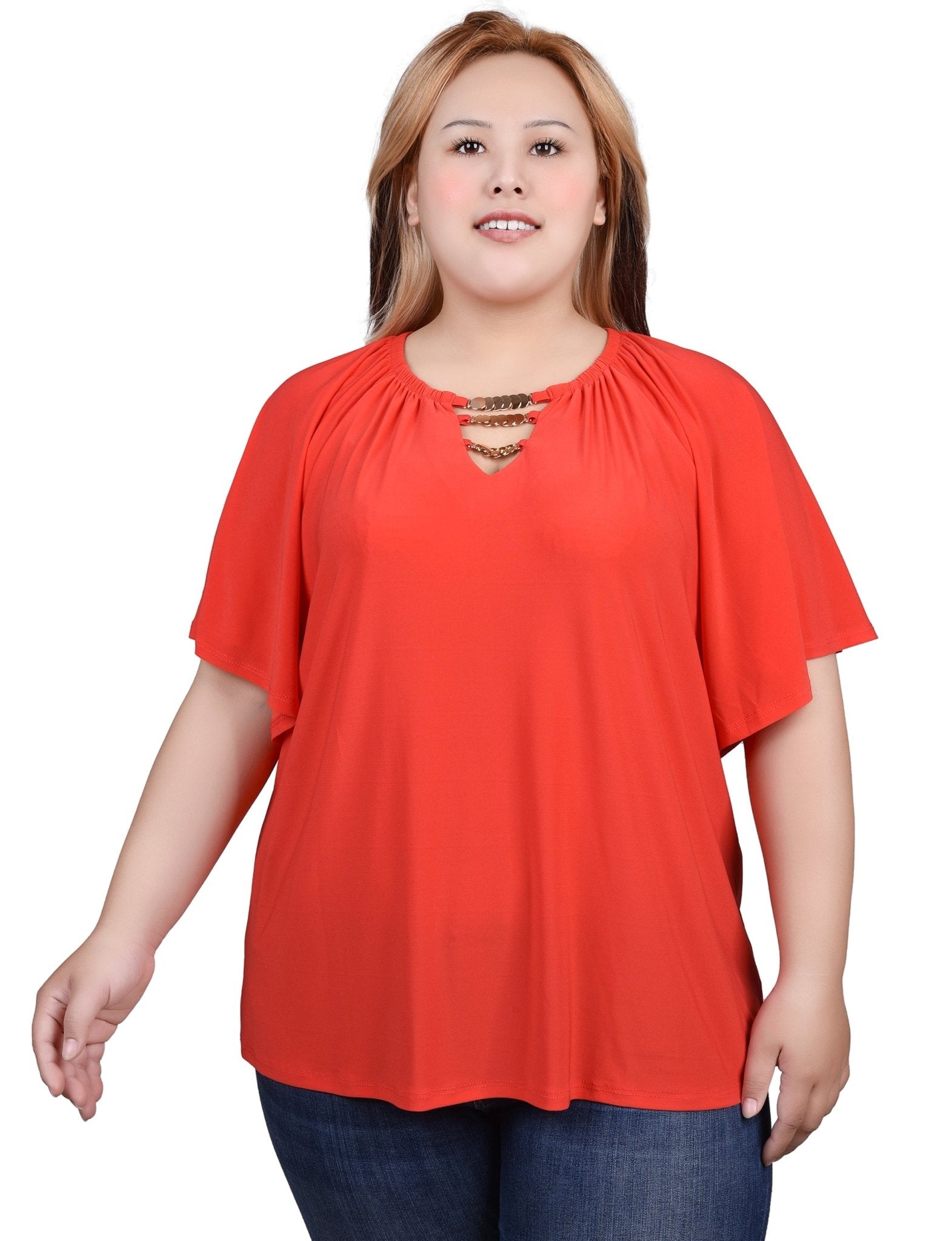 NY Collection Raglan Sleeve Top With Chain Details - Plus - DressbarnShirts & Blouses