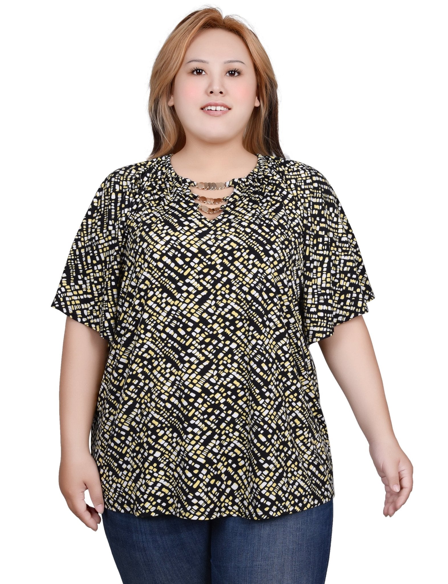 NY Collection Raglan Sleeve Top With Chain Details - Plus - DressbarnShirts & Blouses