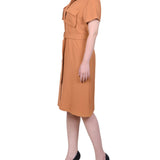 NY Collection Short Sleeve Belted Shirtdress - Petite - DressbarnShirt Dresses