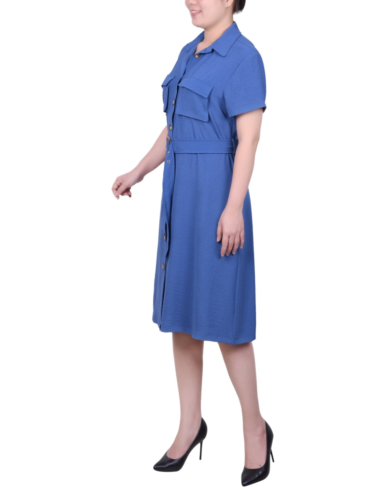 NY Collection Short Sleeve Belted Shirtdress - Petite - DressbarnShirt Dresses
