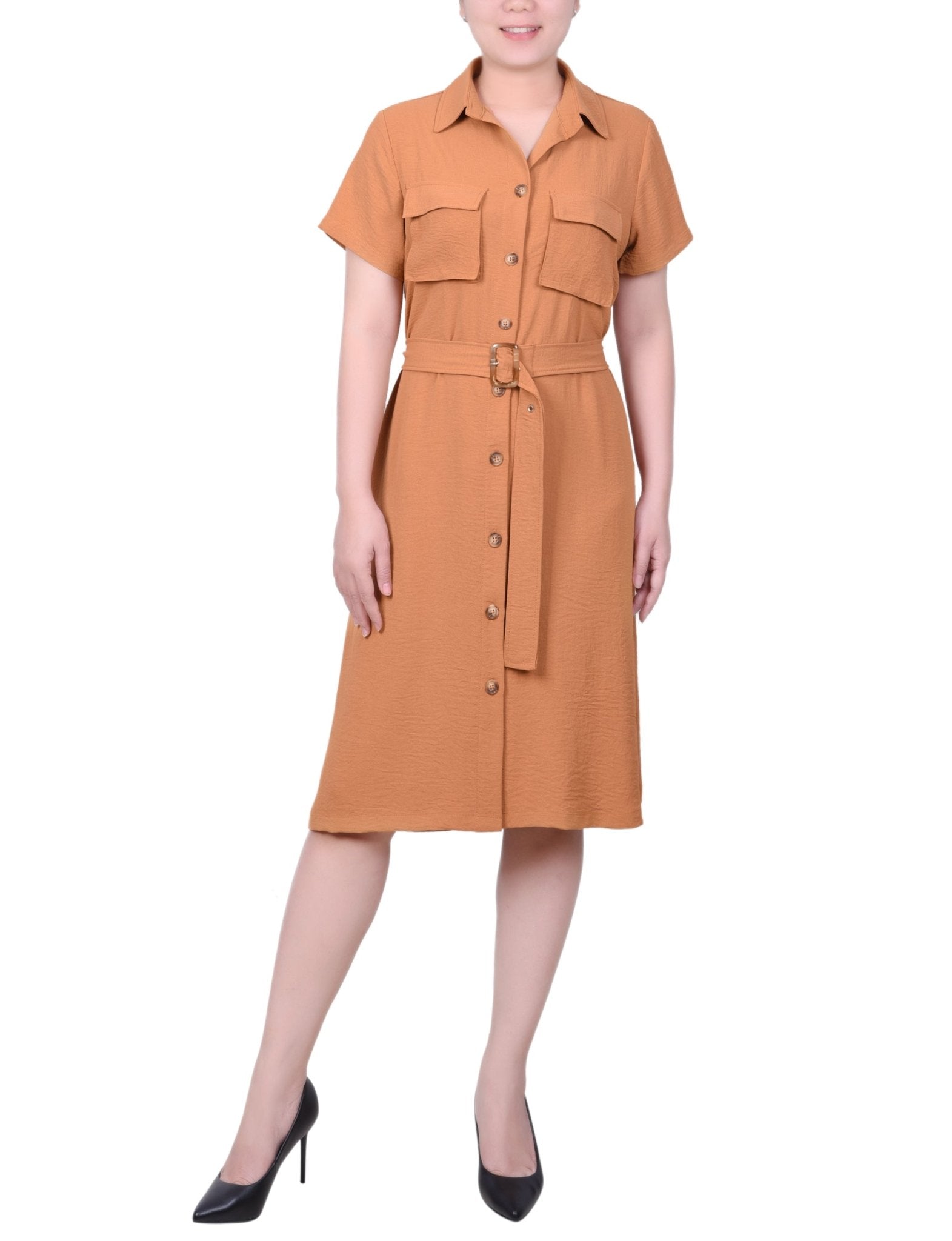 NY Collection Short Sleeve Belted Shirtdress - Petite - DressbarnShirt Dresses