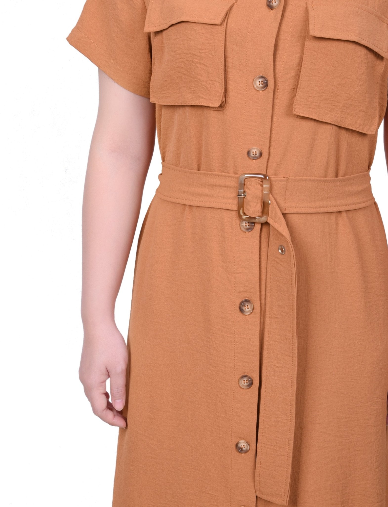 NY Collection Short Sleeve Belted Shirtdress - Petite - DressbarnShirt Dresses