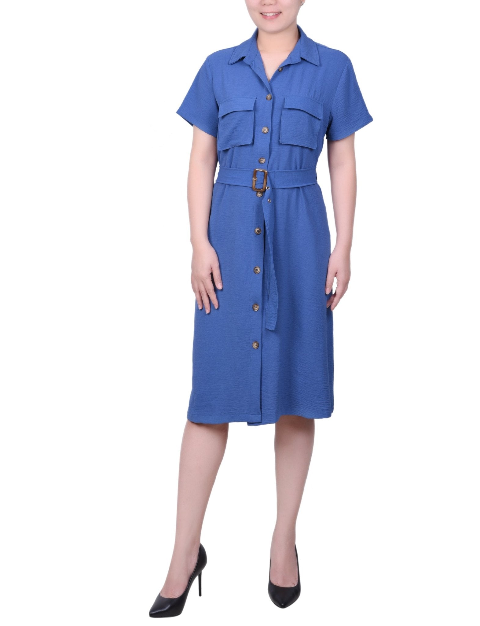 NY Collection Short Sleeve Belted Shirtdress - Petite - DressbarnShirt Dresses
