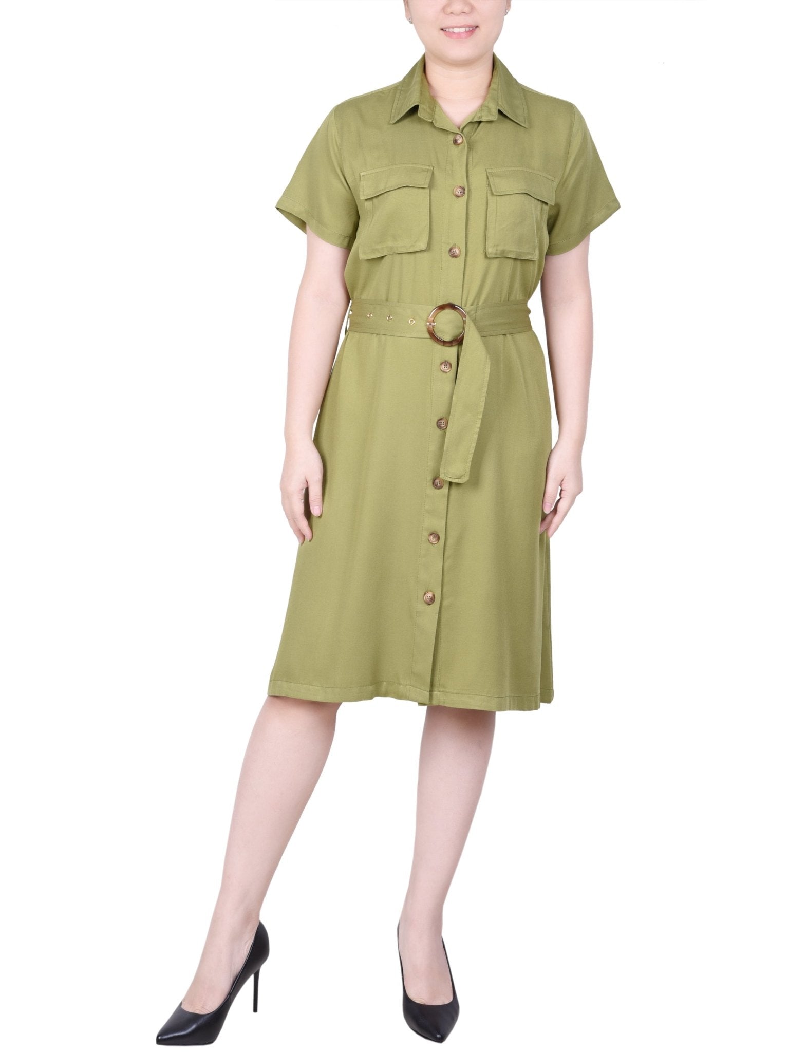 NY Collection Short Sleeve Safari Style Dress - Petite - DressbarnDresses