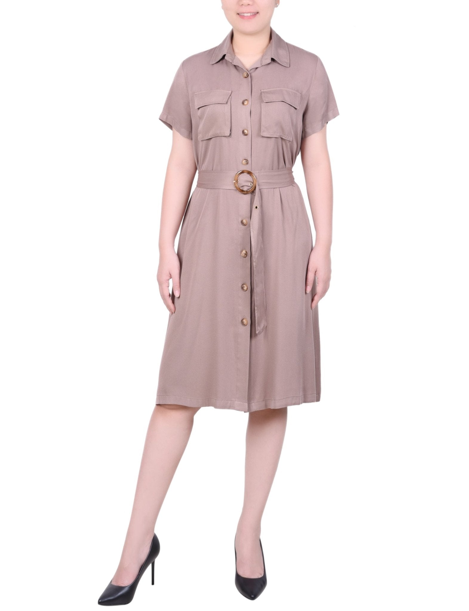 NY Collection Short Sleeve Safari Style Dress - Petite - DressbarnDresses