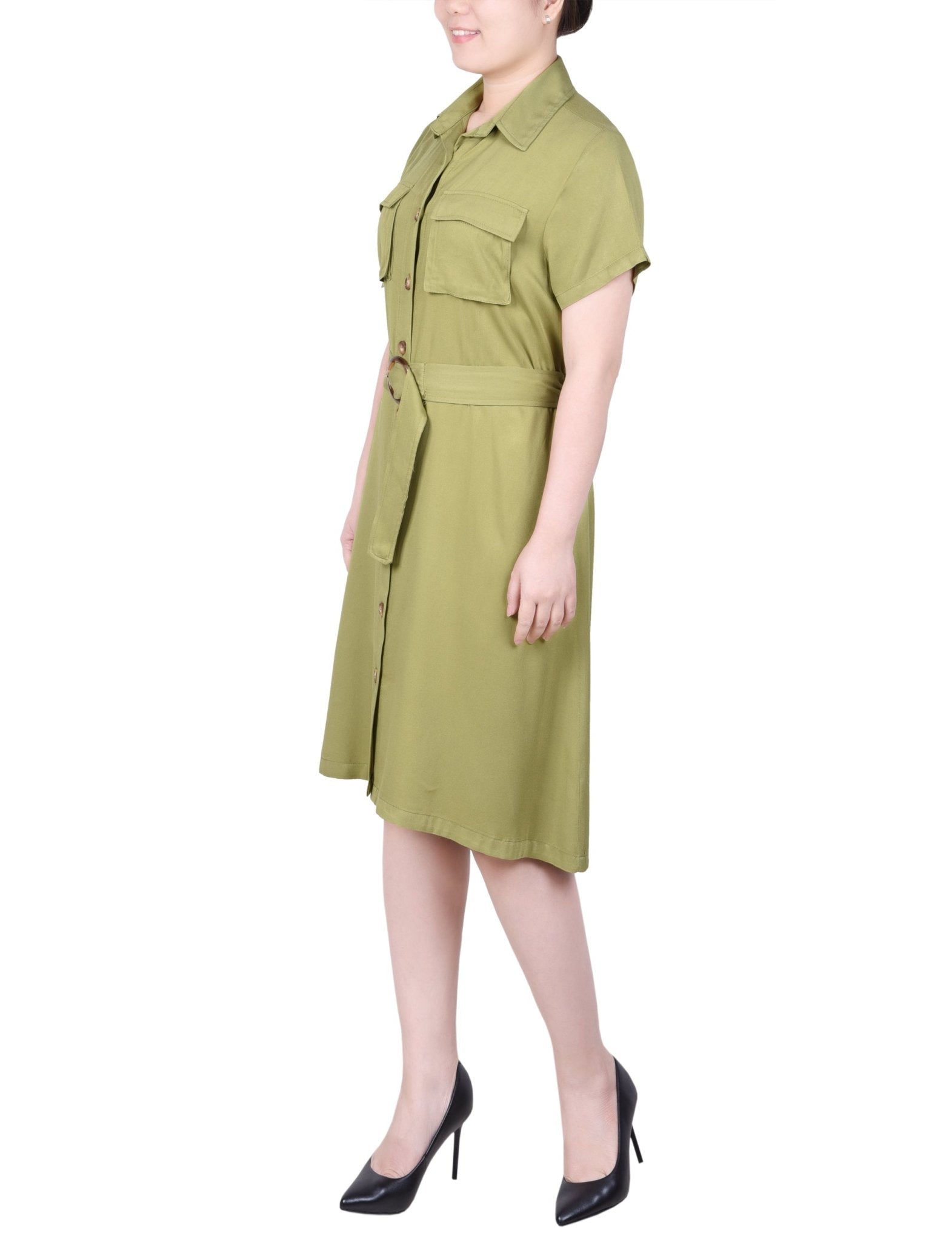 NY Collection Short Sleeve Safari Style Dress - Petite - DressbarnDresses
