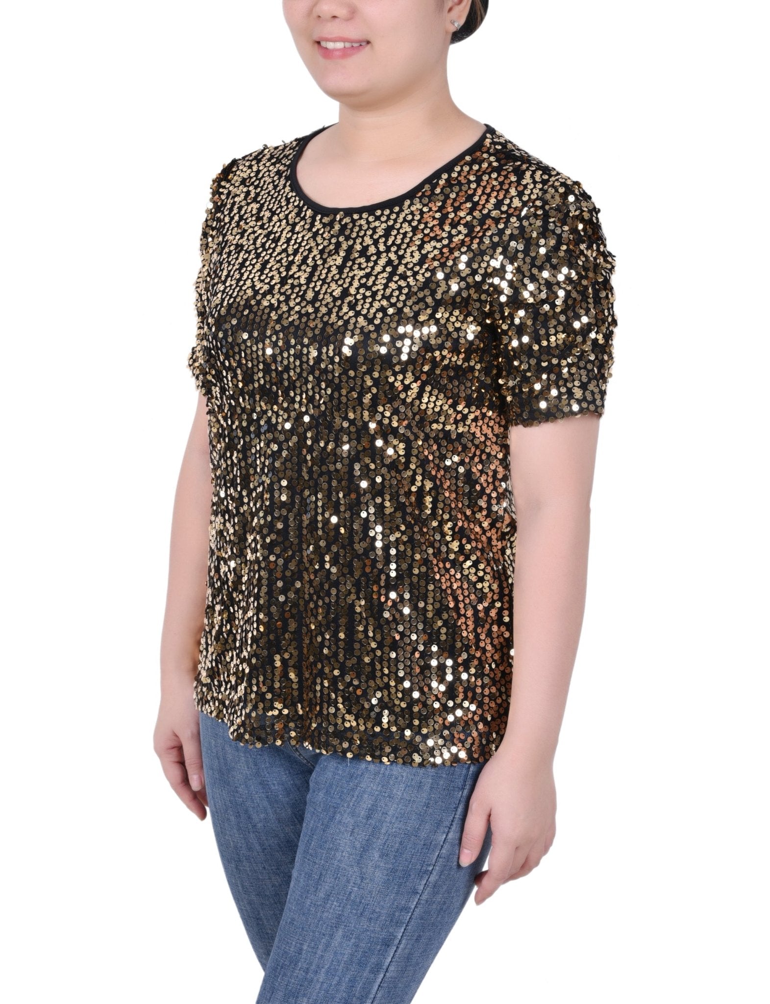 NY Collection Short Sleeve Sequined Top - Petite - DressbarnShirts & Blouses