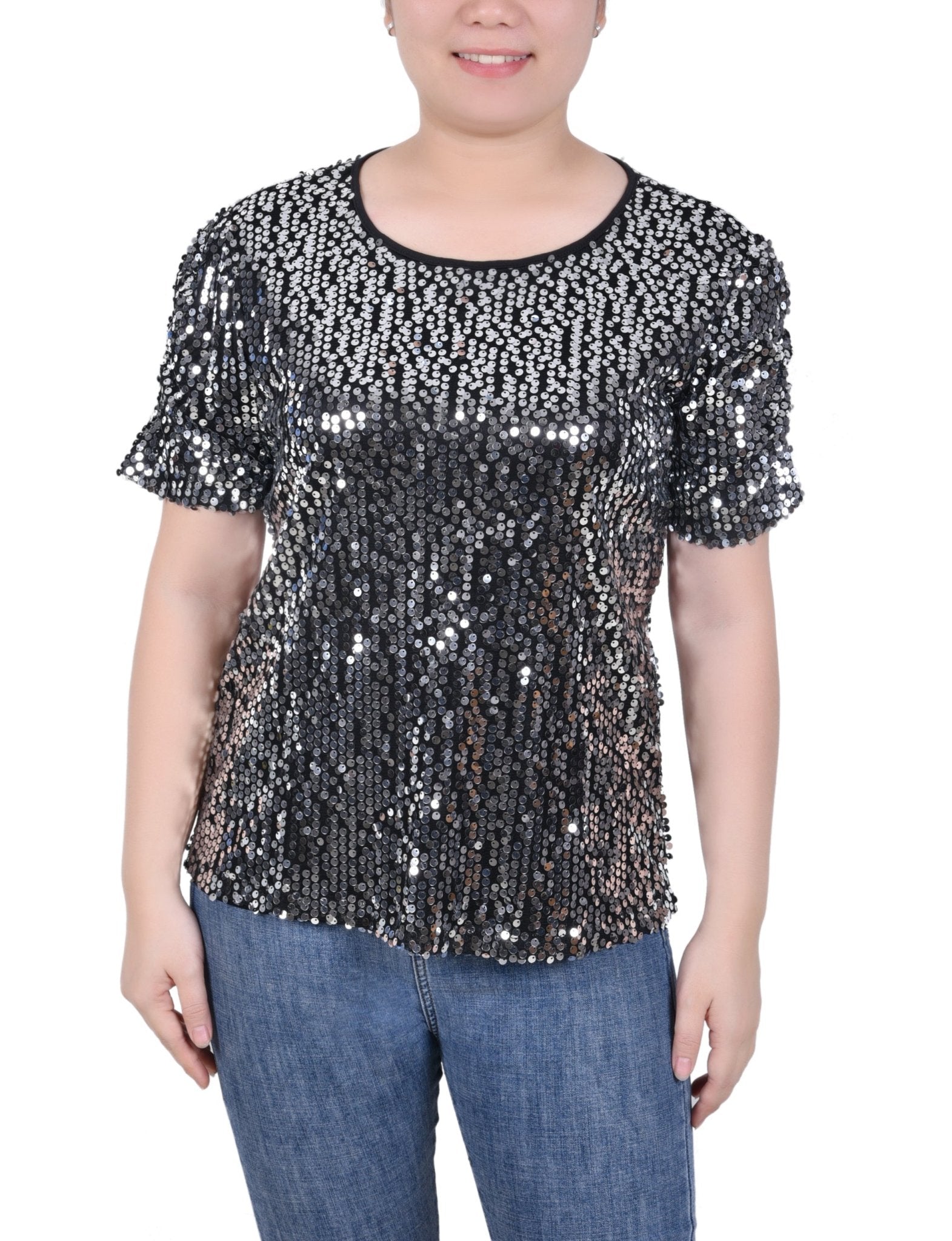 NY Collection Short Sleeve Sequined Top - Petite - DressbarnShirts & Blouses