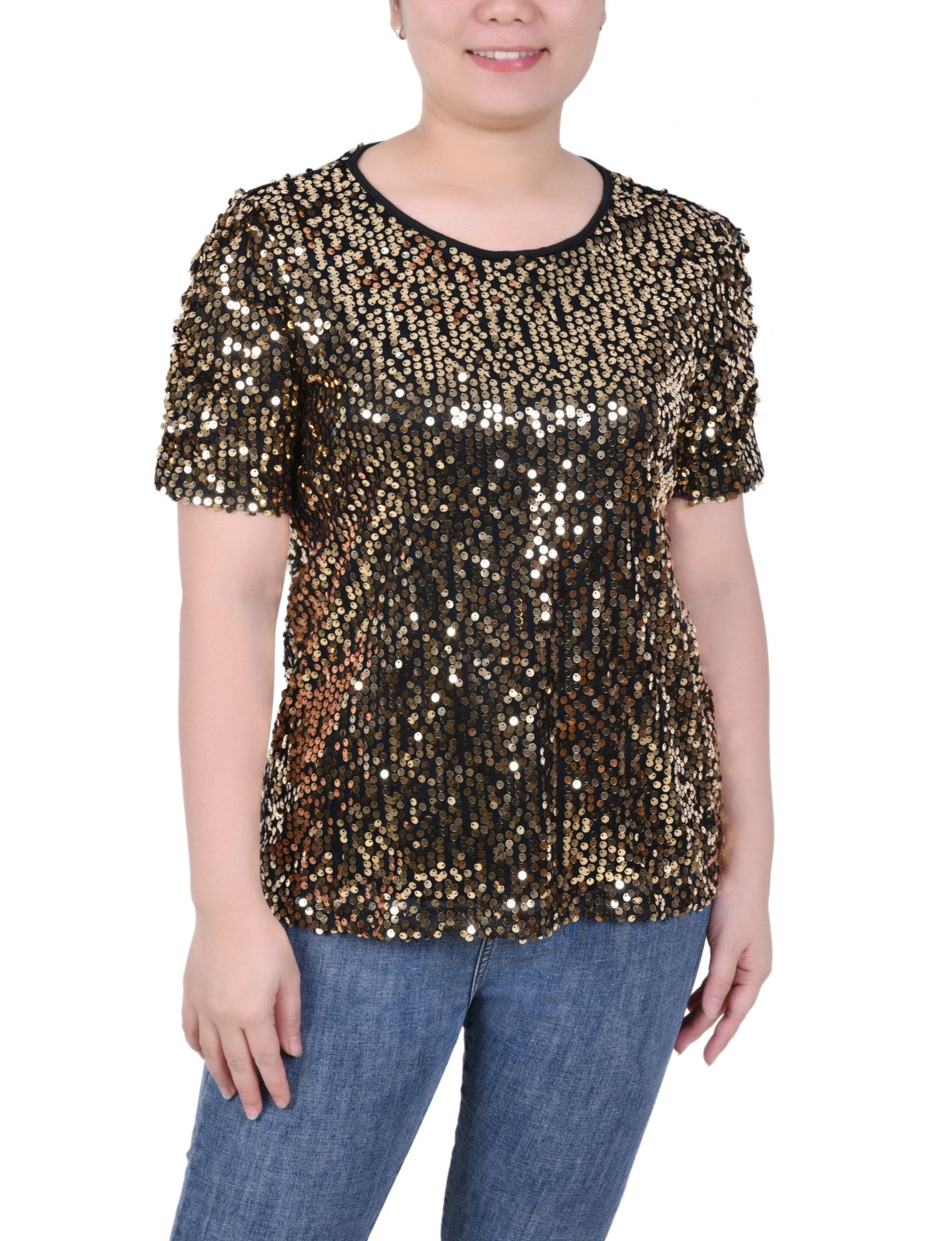 NY Collection Short Sleeve Sequined Top - Petite - DressbarnShirts & Blouses