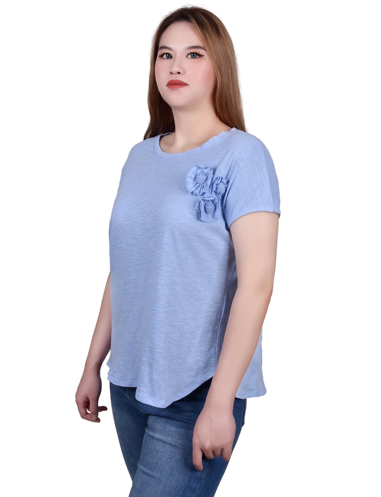 NY Collection Short Sleeve Slub Knit Top - Petite - DressbarnShirts & Blouses