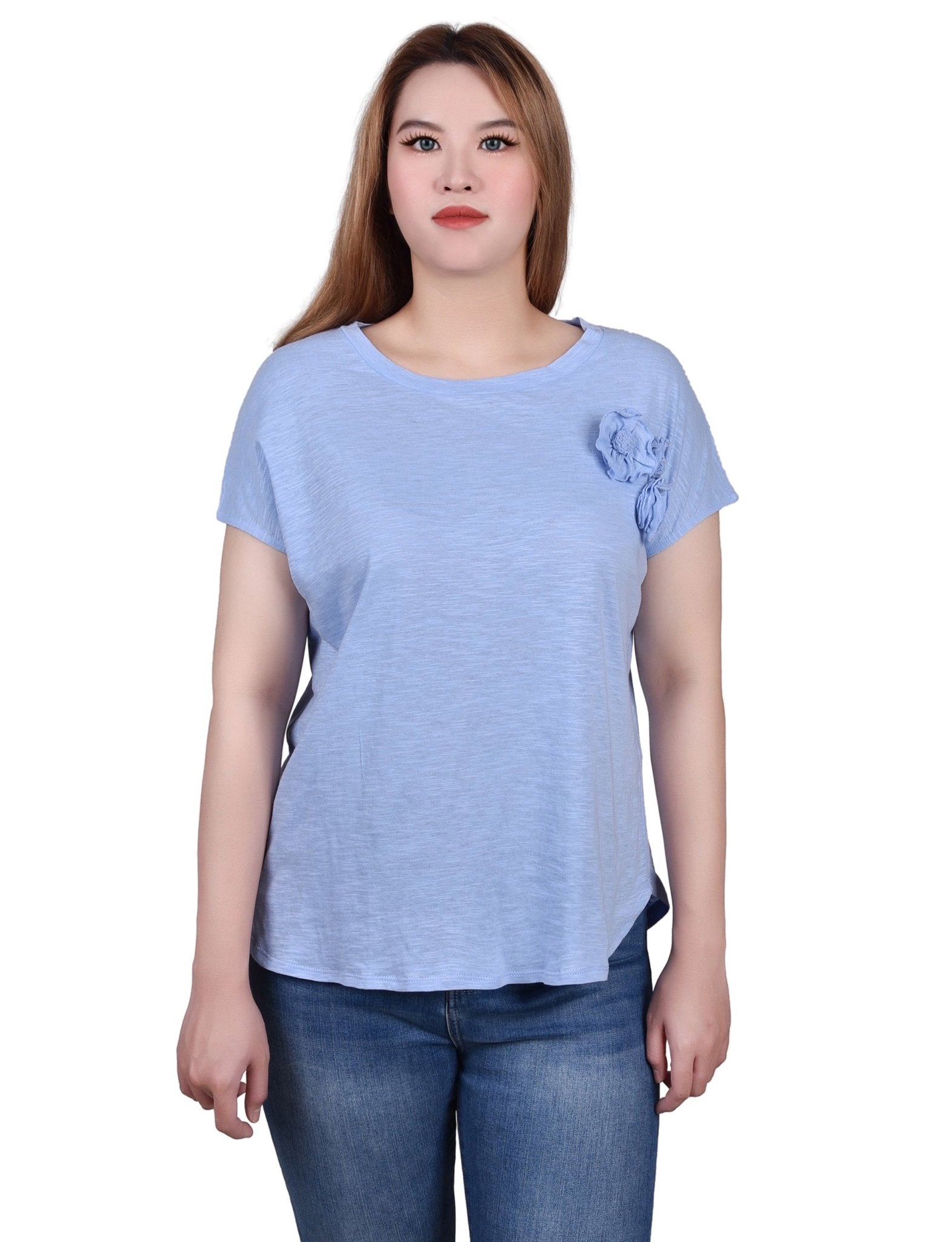 NY Collection Short Sleeve Slub Knit Top - Petite - DressbarnShirts & Blouses