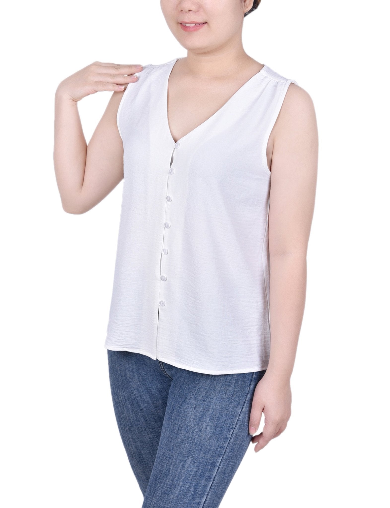 NY Collection Sleeveless Button Front Blouse - Petite - DressbarnShirts & Blouses