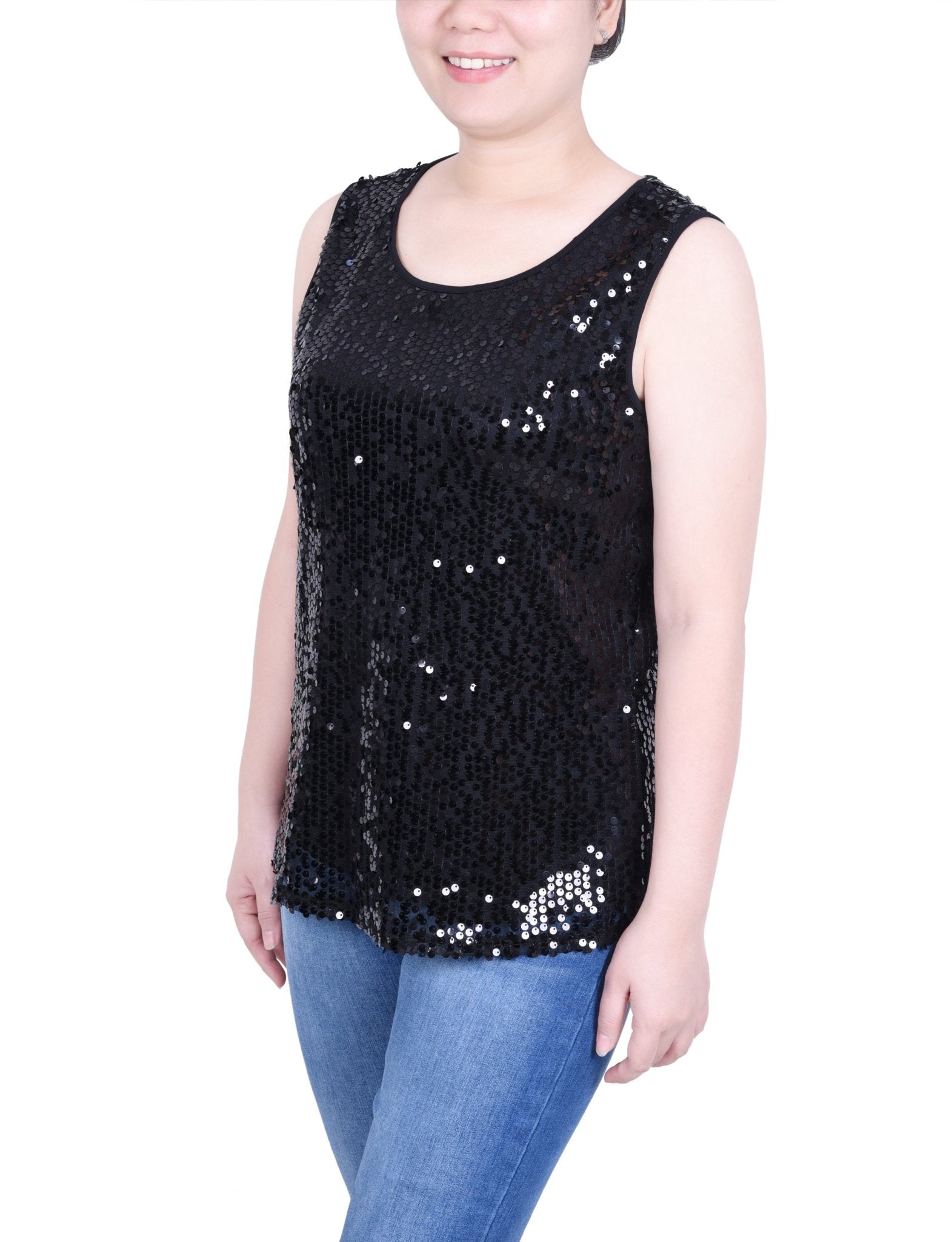 NY Collection Sleeveless Sequined Tank Top With Combo Banding - Petite - DressbarnShirts & Blouses